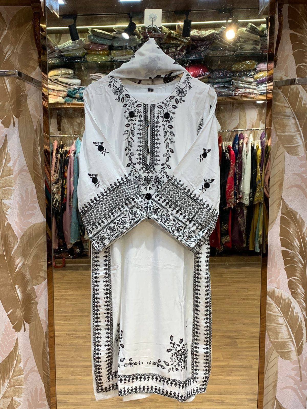 White & Black Embroidered Lawn 3-Piece Suit