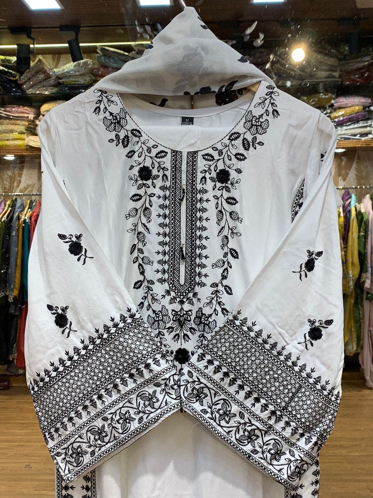 White & Black Embroidered Lawn 3-Piece Suit