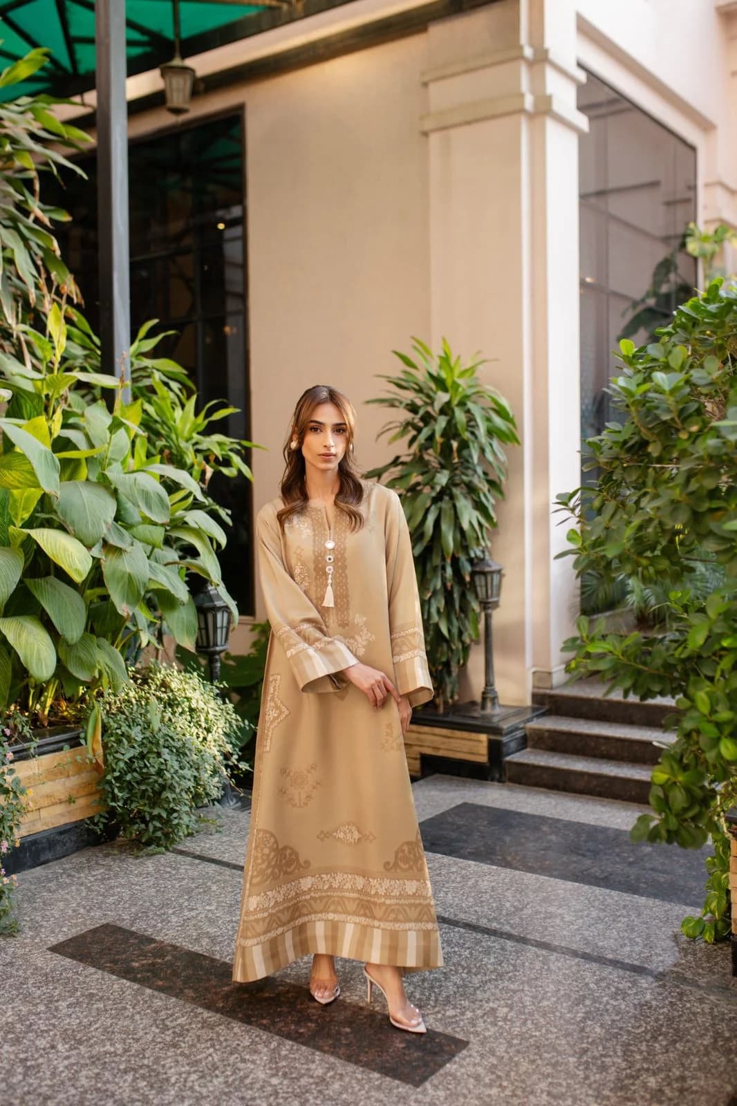 Sand Beige Printed Long Dress