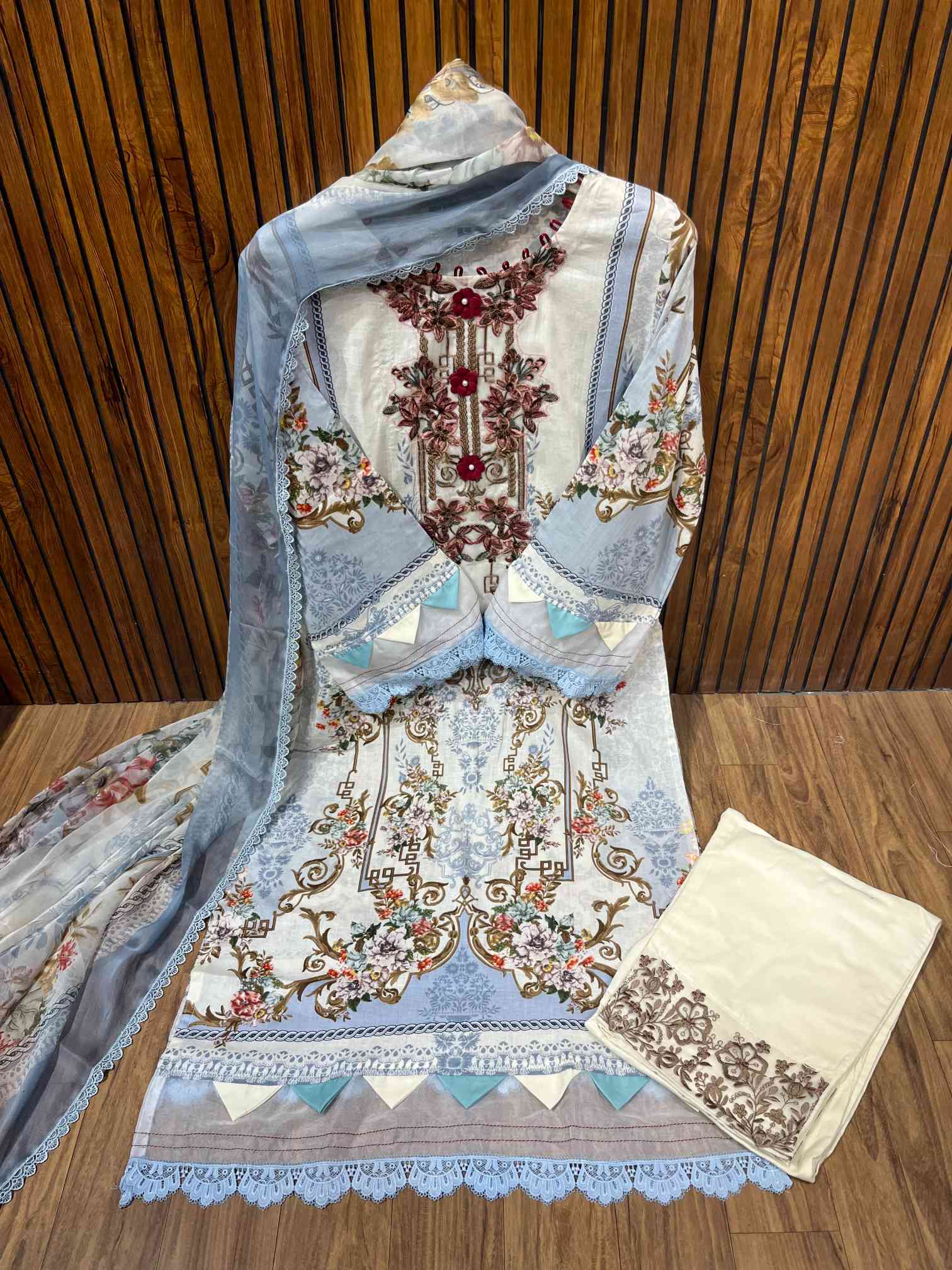 Sky Grey Embroidered Pure Cotton Suit with Lace Dupatta