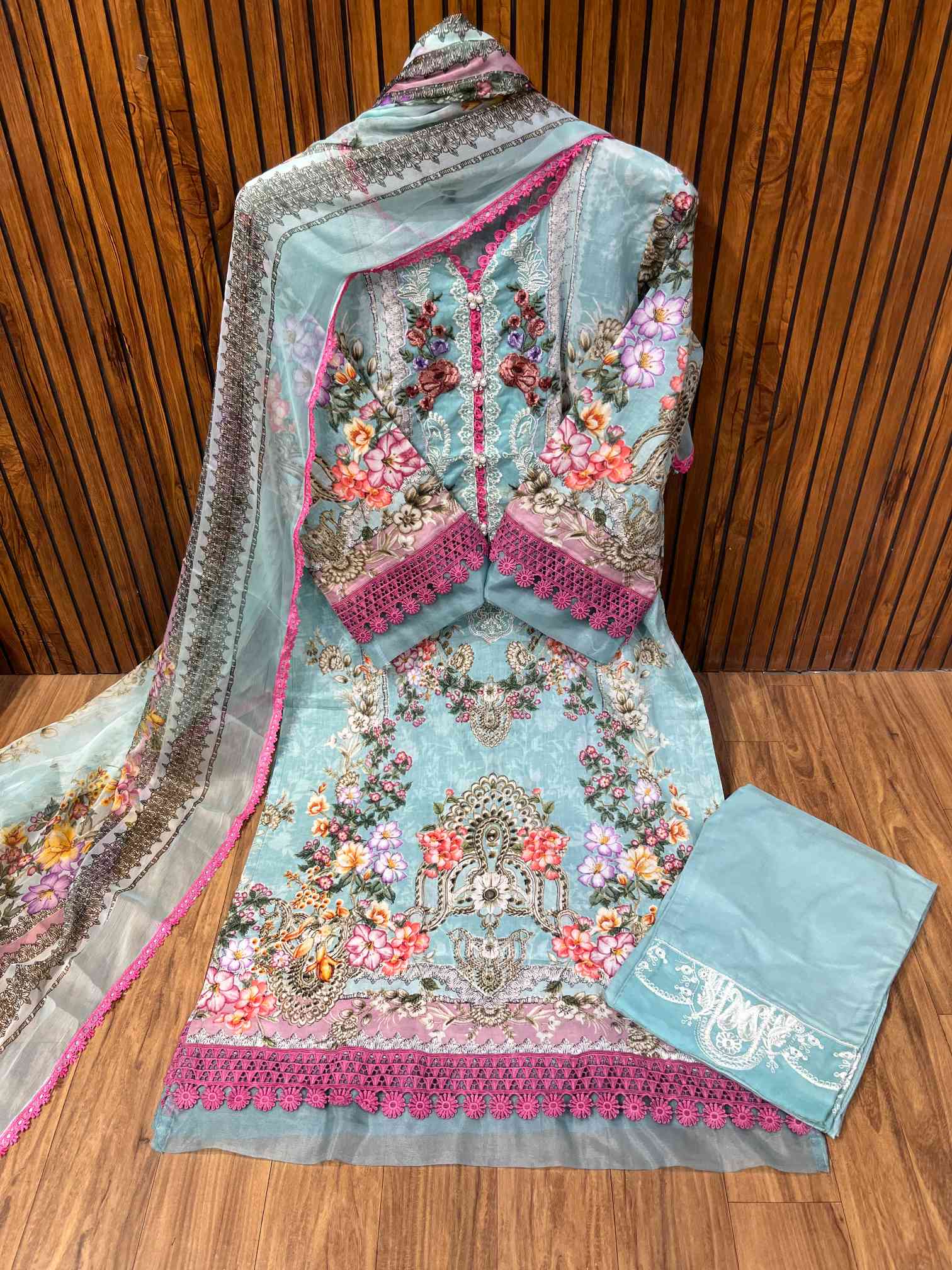 Aqua Blue Floral Embroidered Pure Cotton Suit with Lace Dupatta