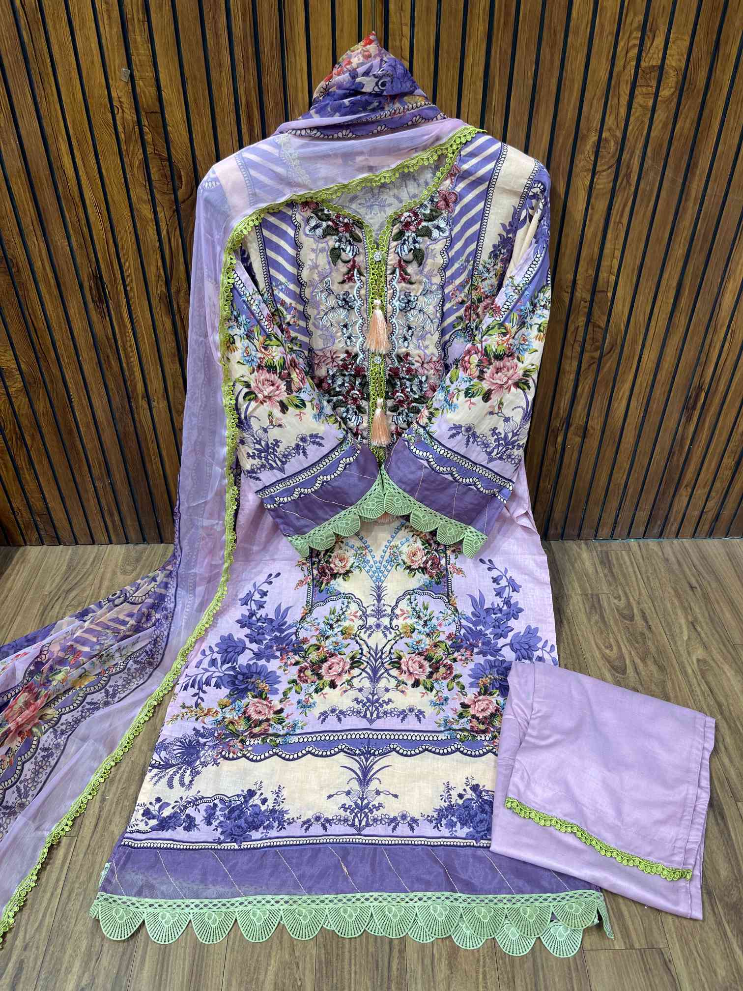Lavender Bloom Embroidered Pure Cotton Suit with Lace Detail Dupatta
