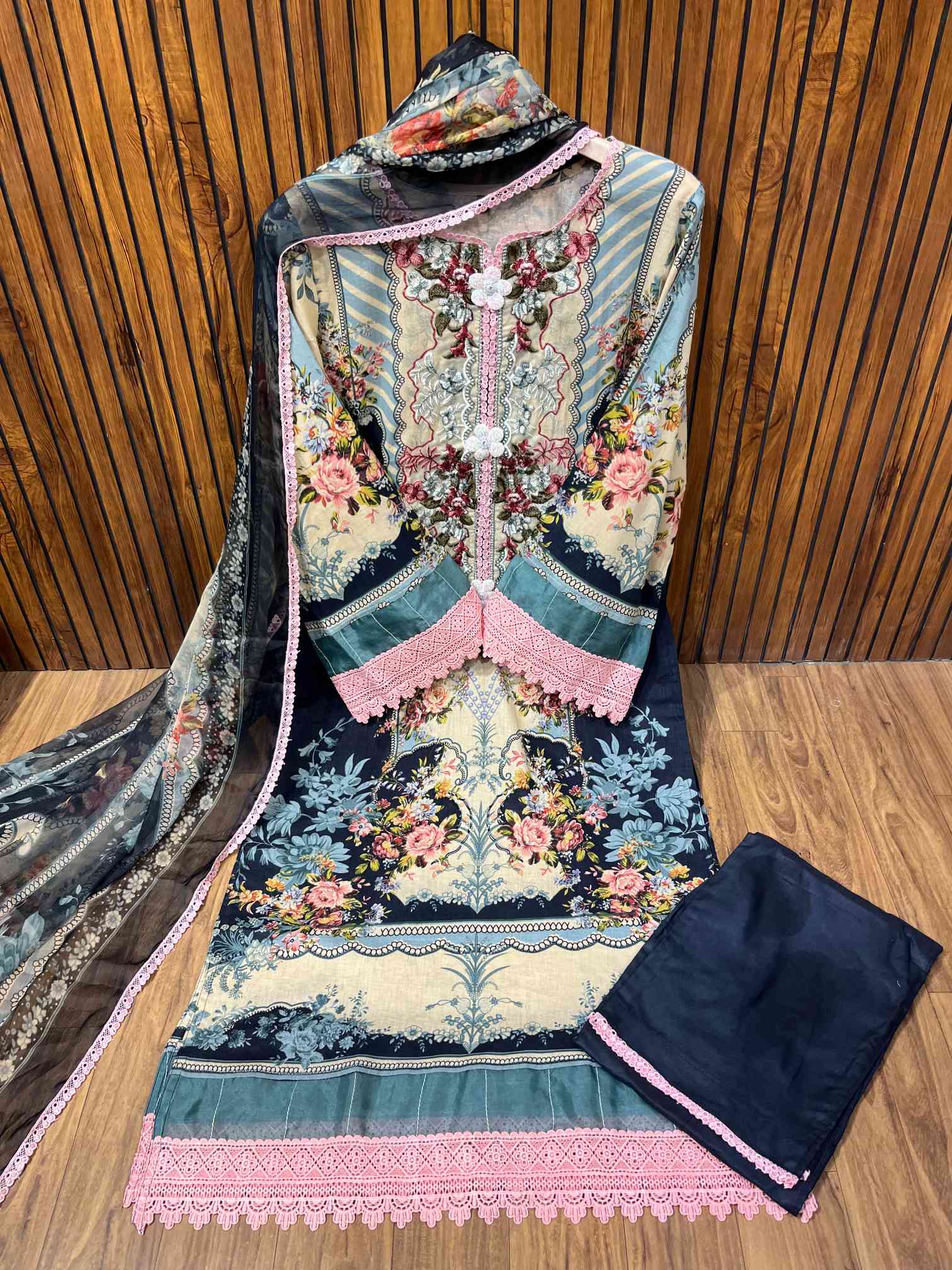 Midnight Blue Embroidered Pure Cotton Suit with Lace Dupatta