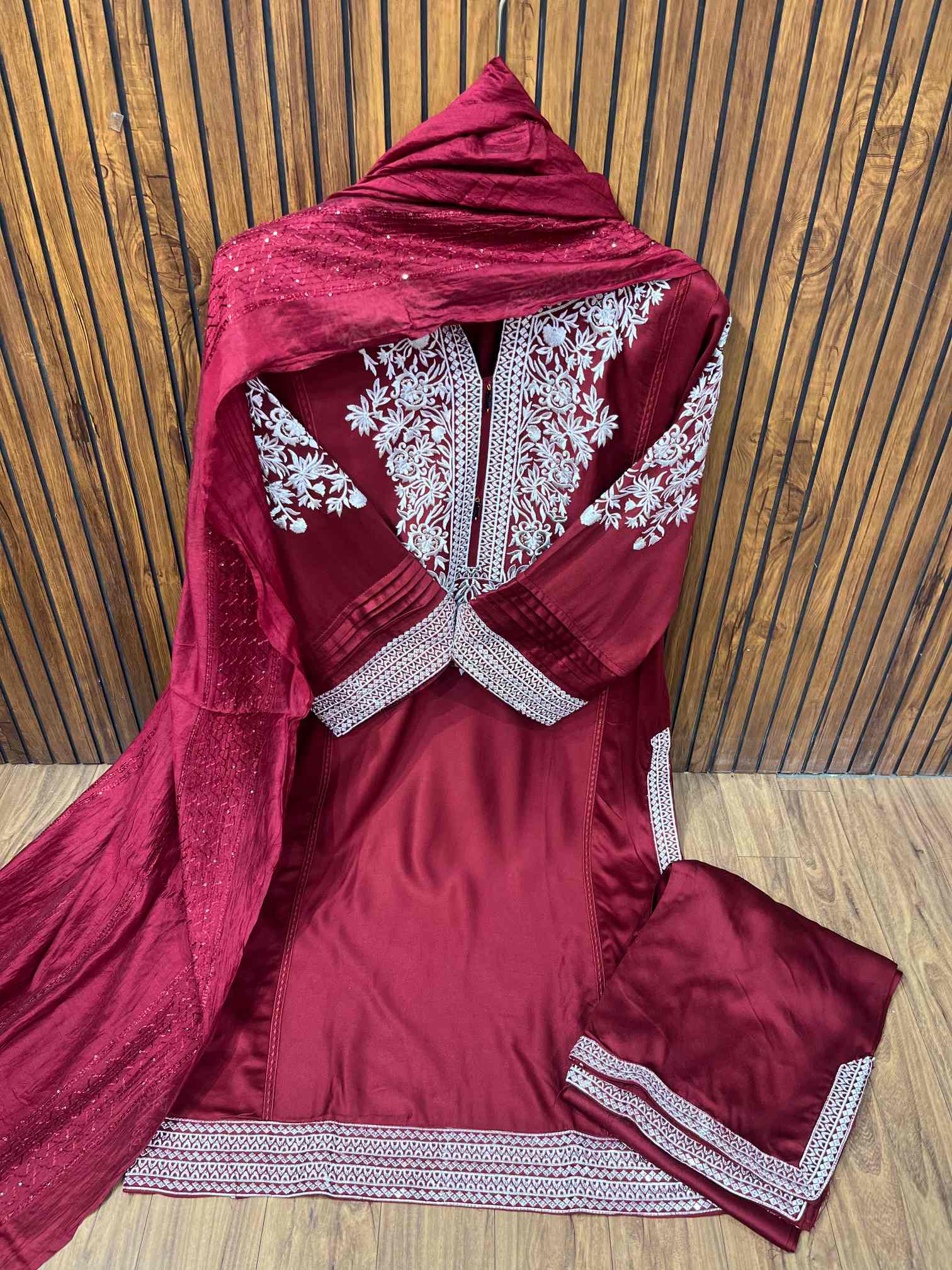 Wine Red Premium Rayon Cotton Embroidered Suit with Printed Dupatta