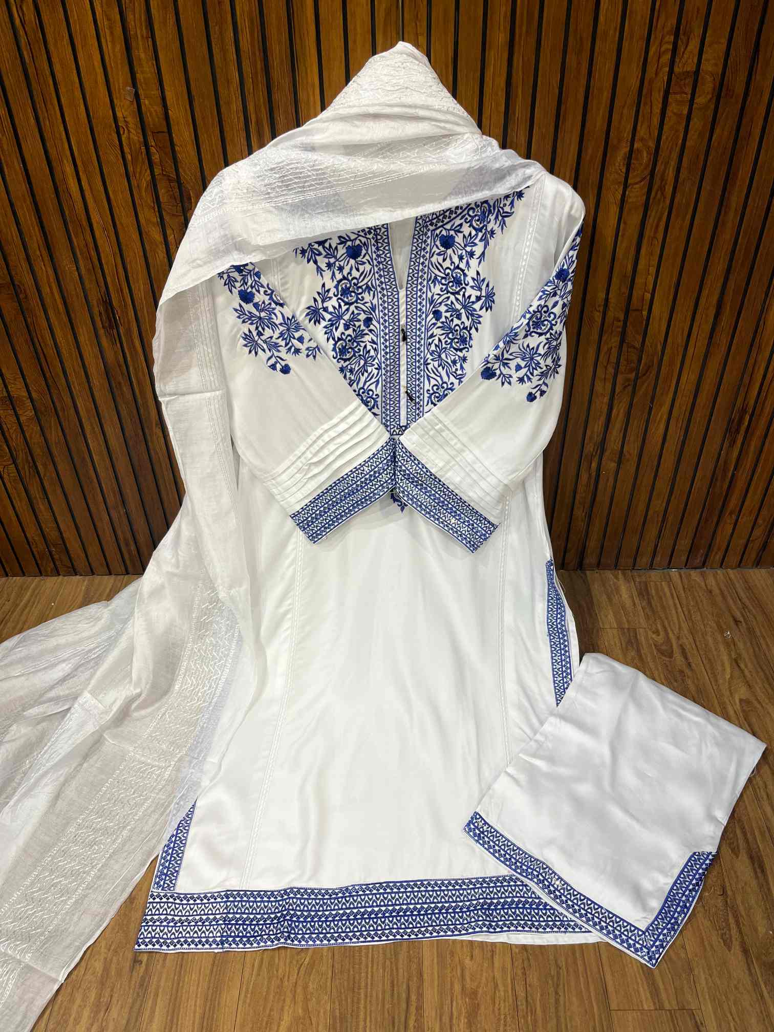 White & Royal Blue Premium Rayon Cotton Embroidered Suit with Printed Dupatta