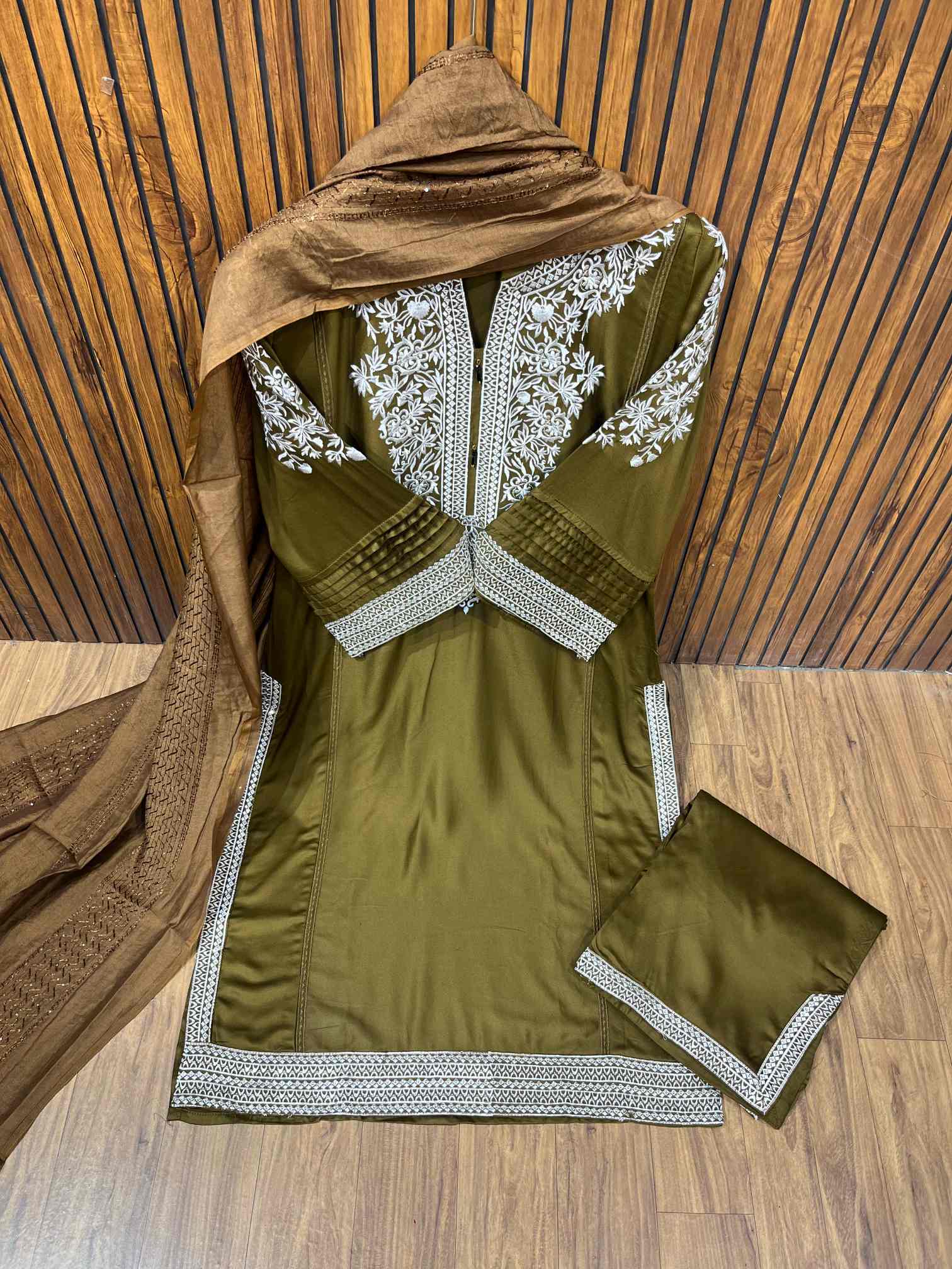 Olive Green Premium Rayon Cotton Embroidered Suit with Printed Dupatta