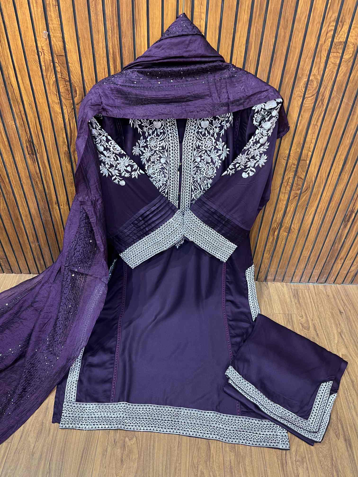 Deep Purple Premium Rayon Cotton Embroidered Suit with Printed Dupatta