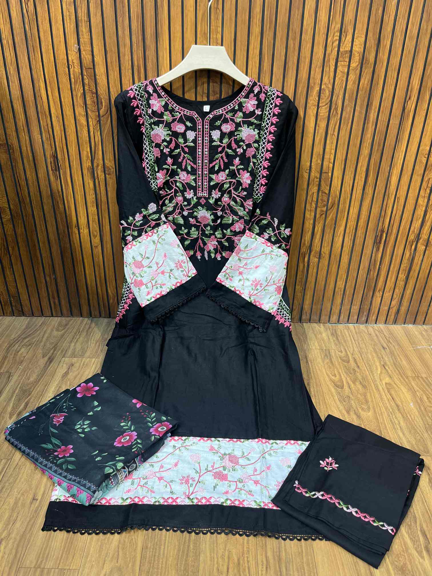 Black & Pink Premium Rayon Cotton Embroidered Suit with Printed Dupatta