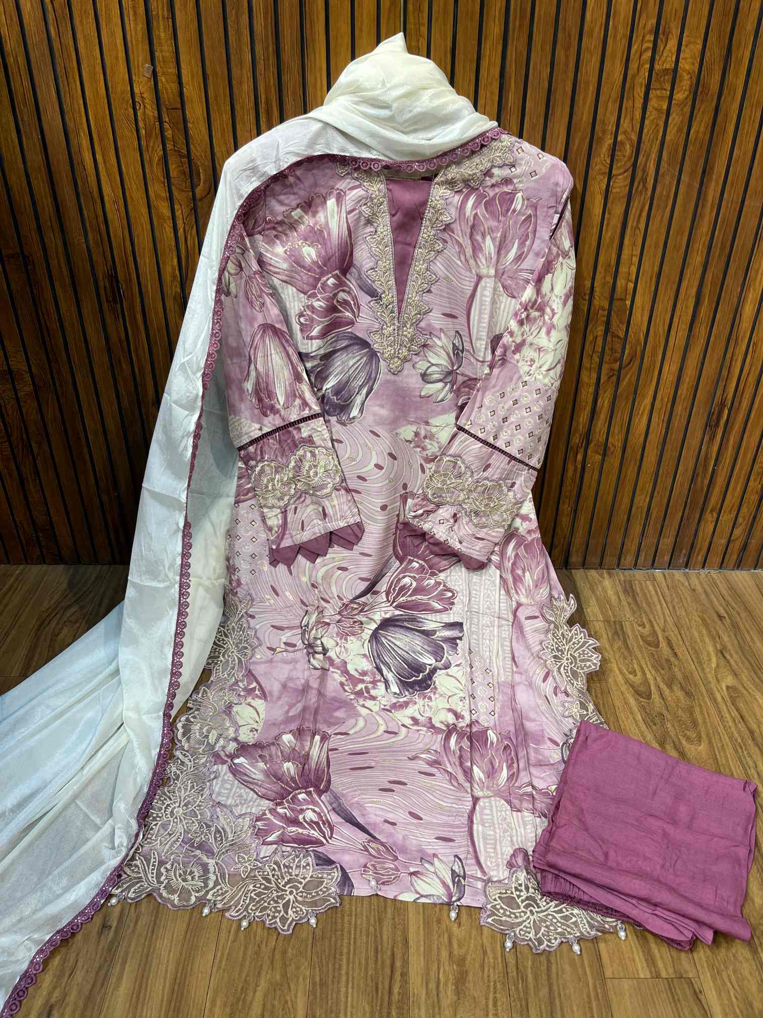 Dusty Pink Floral Premium Rayon Cotton Embroidered Suit with Chiffon Dupatta