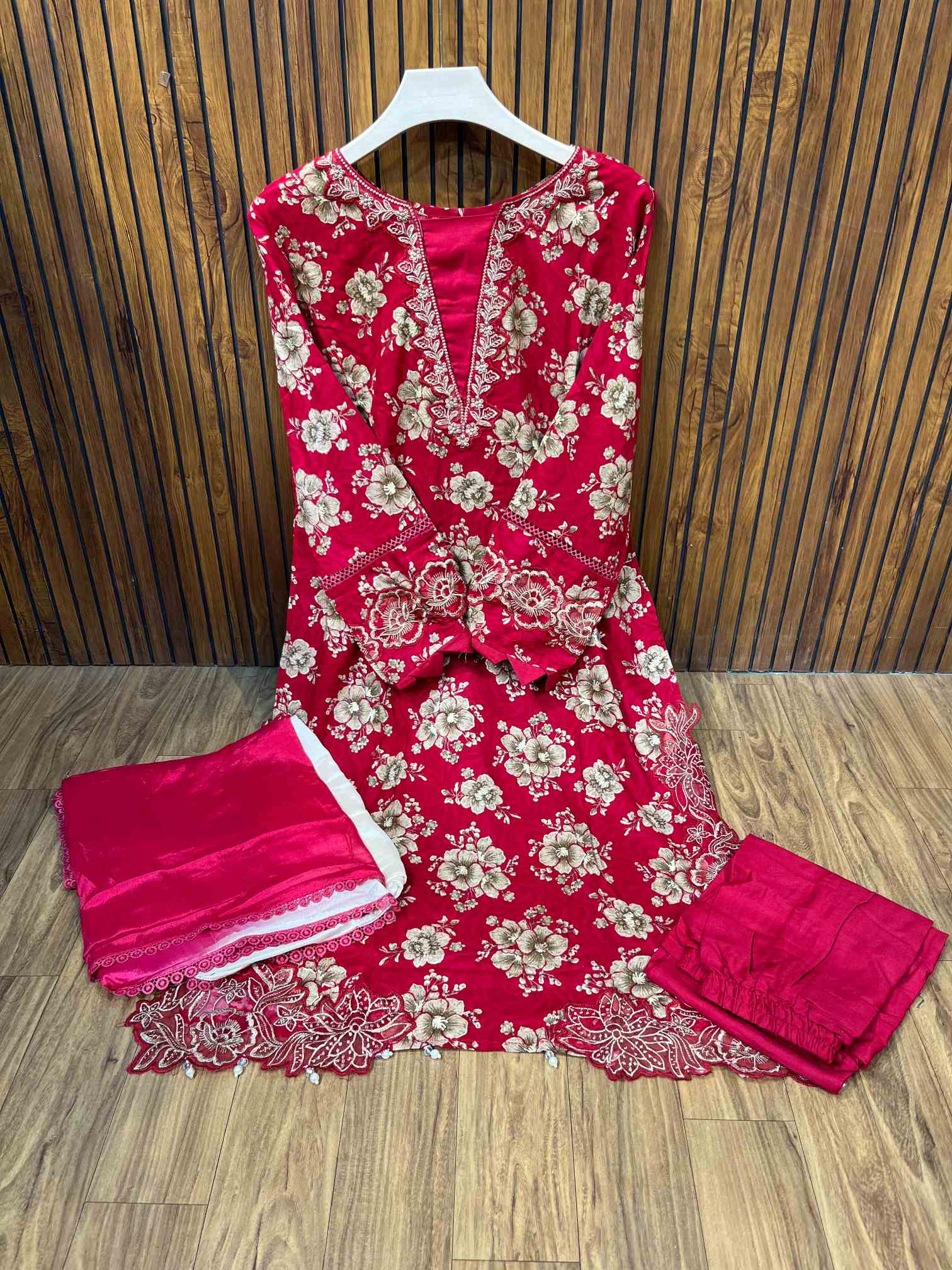 Ruby Pink Floral Premium Rayon Cotton Embroidered Suit with Chiffon Dupatta