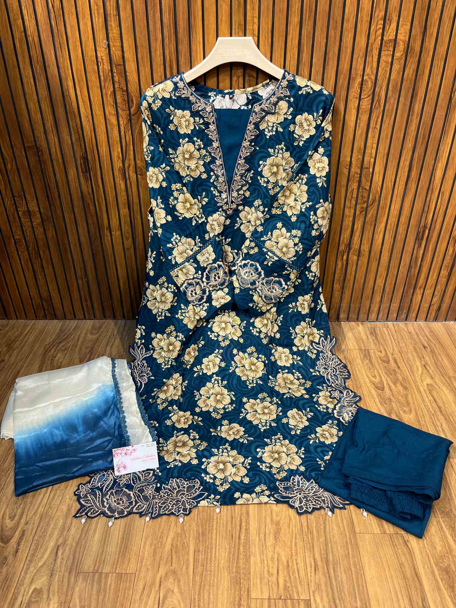 Navy Blue Floral Premium Rayon Cotton Embroidered Suit with Chiffon Dupatta