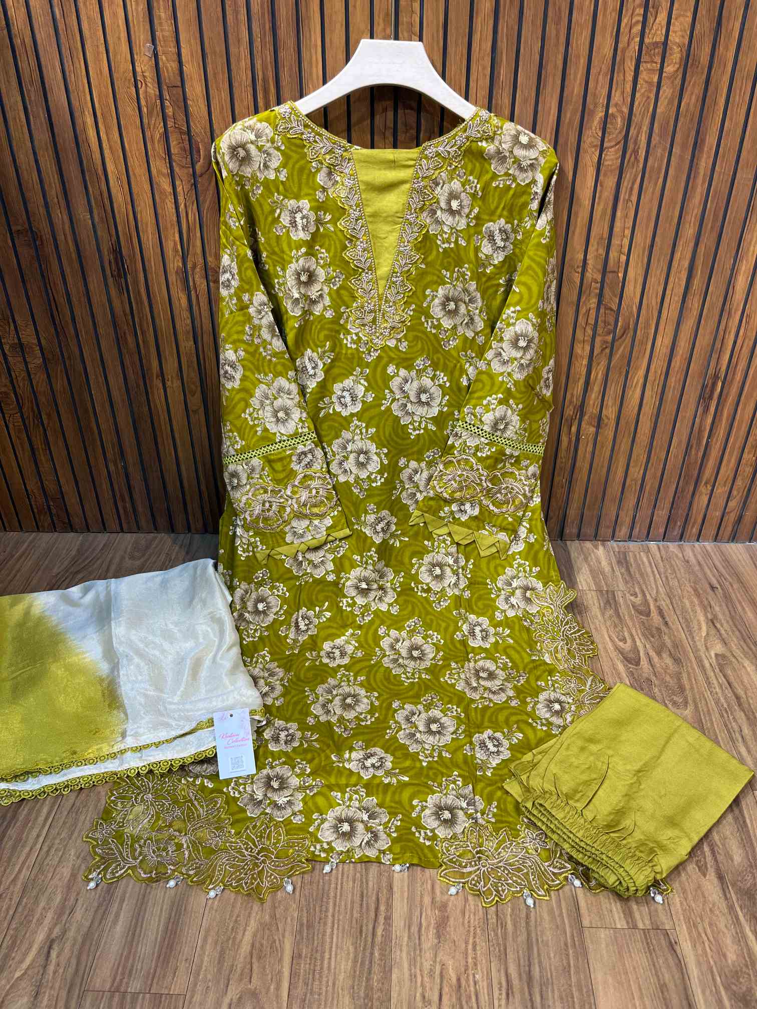 Mustard Green Floral Premium Rayon Cotton Embroidered Suit with Chiffon Dupatta