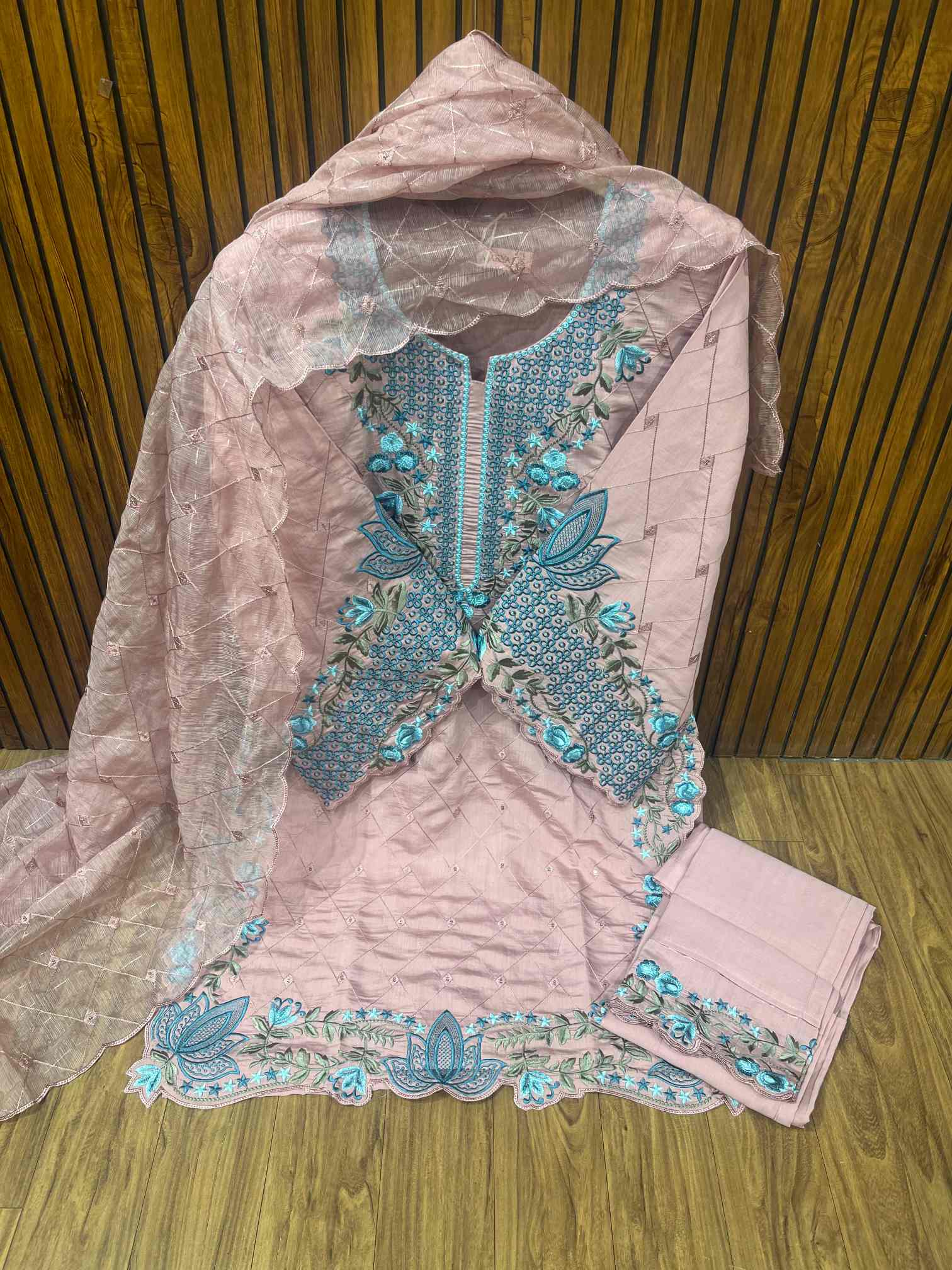 Blush Pink Floral Embroidered Designer Suit with Dupatta