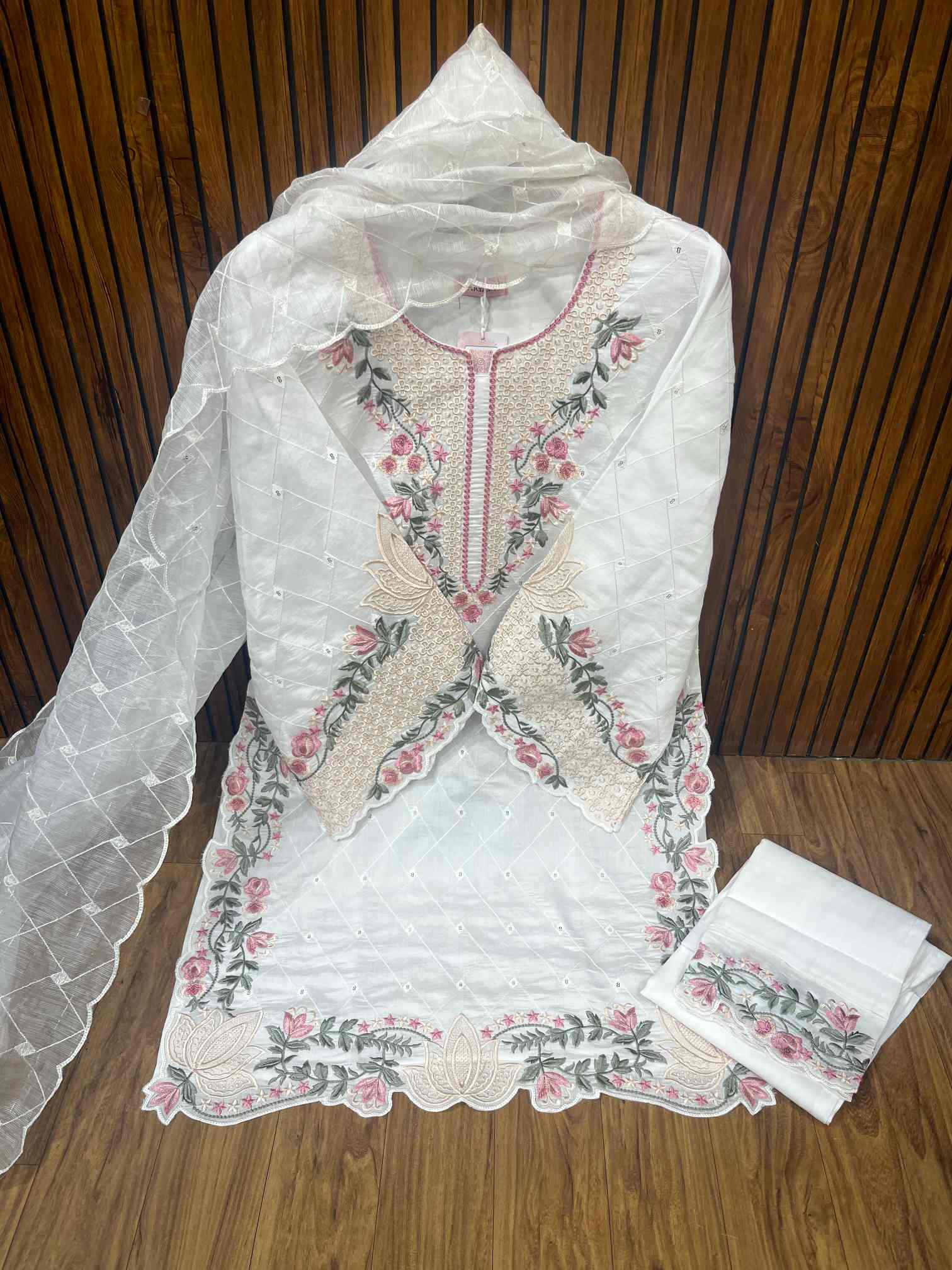 White Floral Embroidered Designer Suit with Organza Dupatta