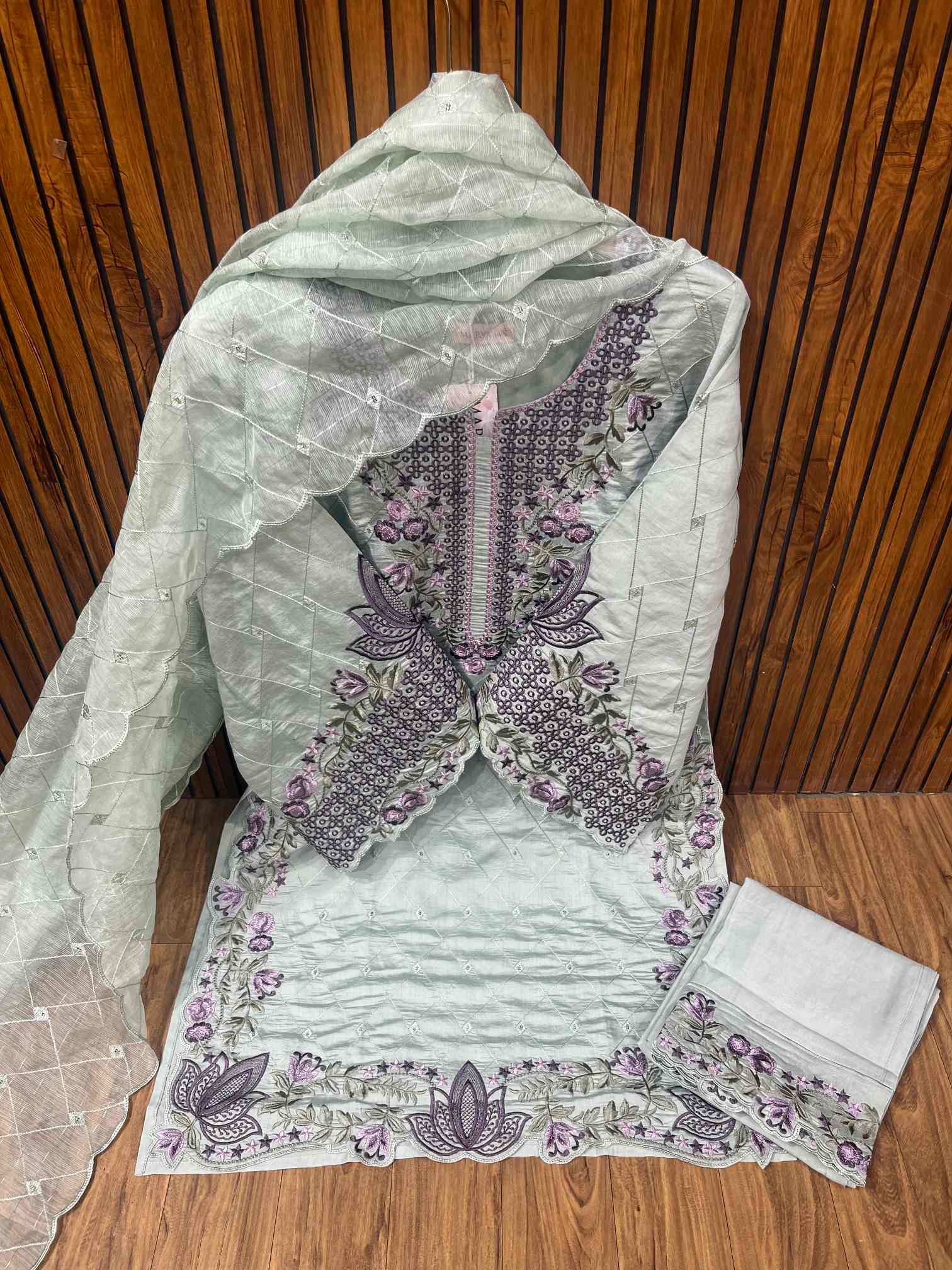 Mint Green Floral Embroidered Designer Suit with Organza Dupatta