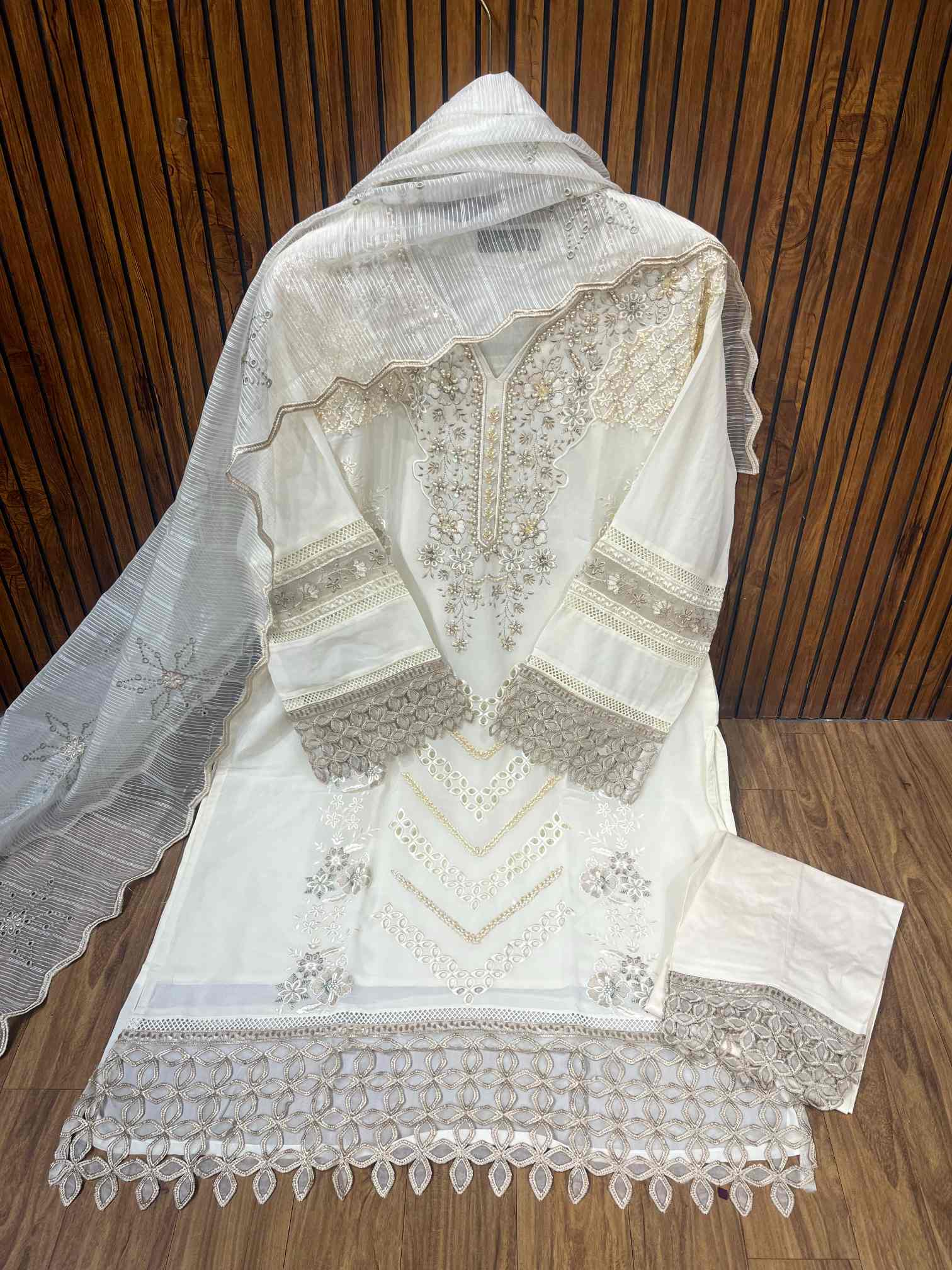 Ivory White Luxury Embroidered Suit with Organza Dupatta
