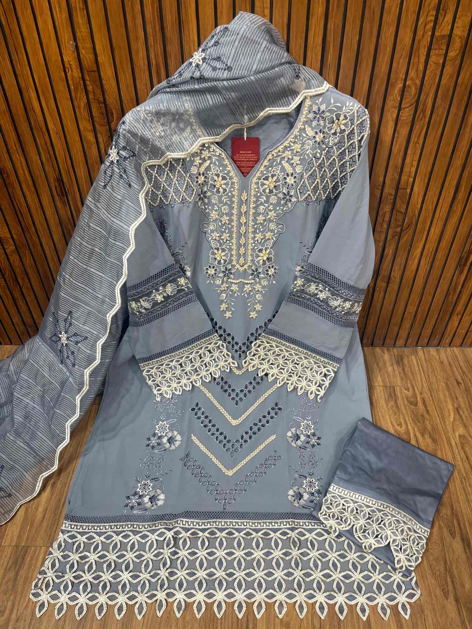 Steel Grey Luxury Embroidered Suit with Cutwork Lace Dupatta