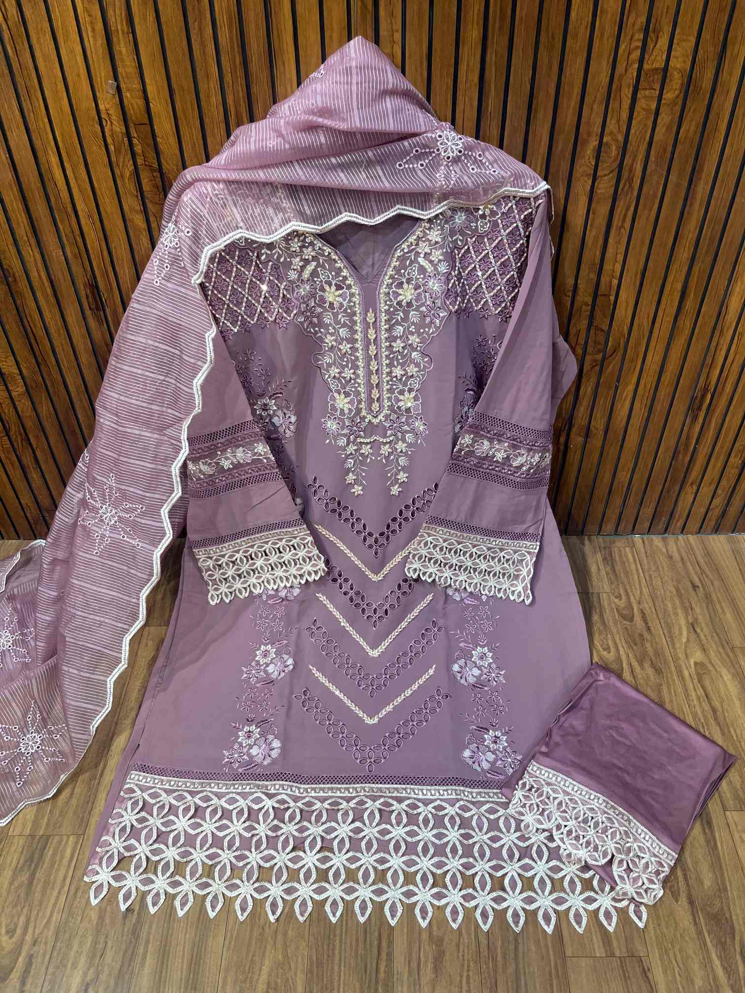 Dusty Mauve Luxury Embroidered Suit with Organza Dupatta