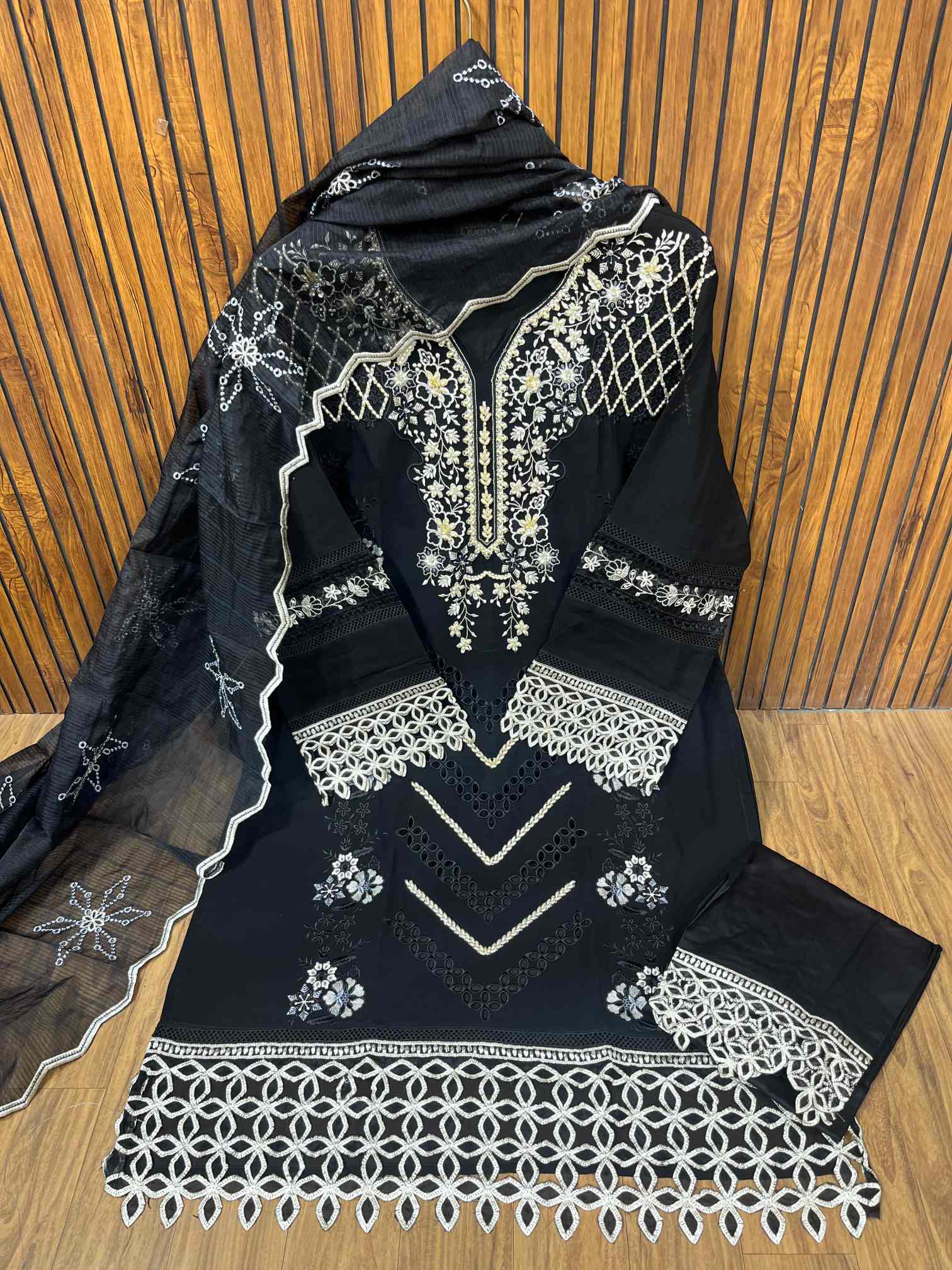 Black Luxury Embroidered Suit with Organza Dupatta
