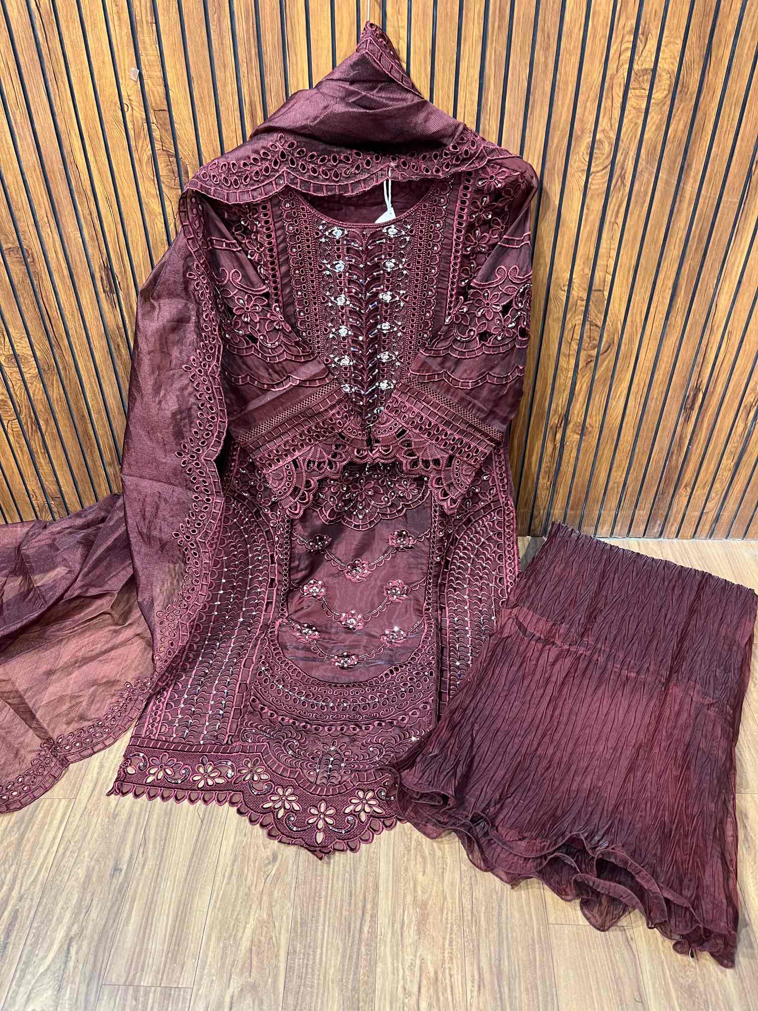 Wine Heavy Embroidered Party Wear Suit with Crushed Dupatta