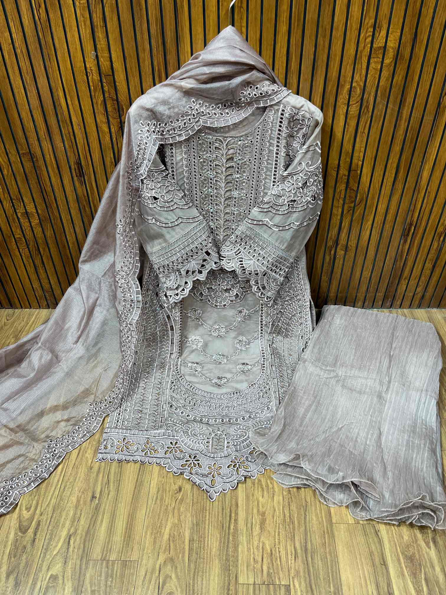 Silver Grey Heavy Embroidered Party Wear Suit with Crushed Dupatta