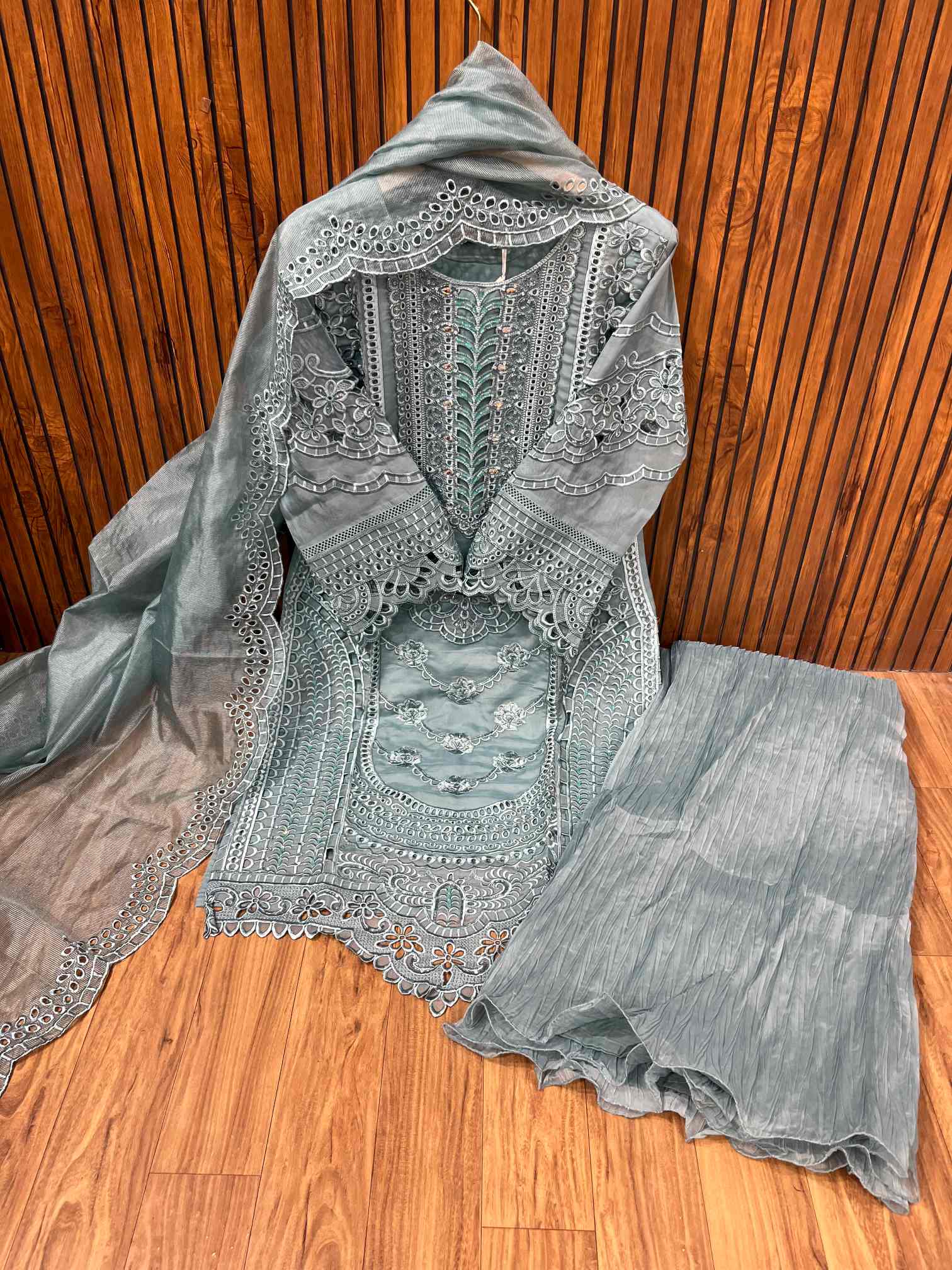 Sea Green Heavy Embroidered Luxury Party Wear Suit with Crushed Dupatta