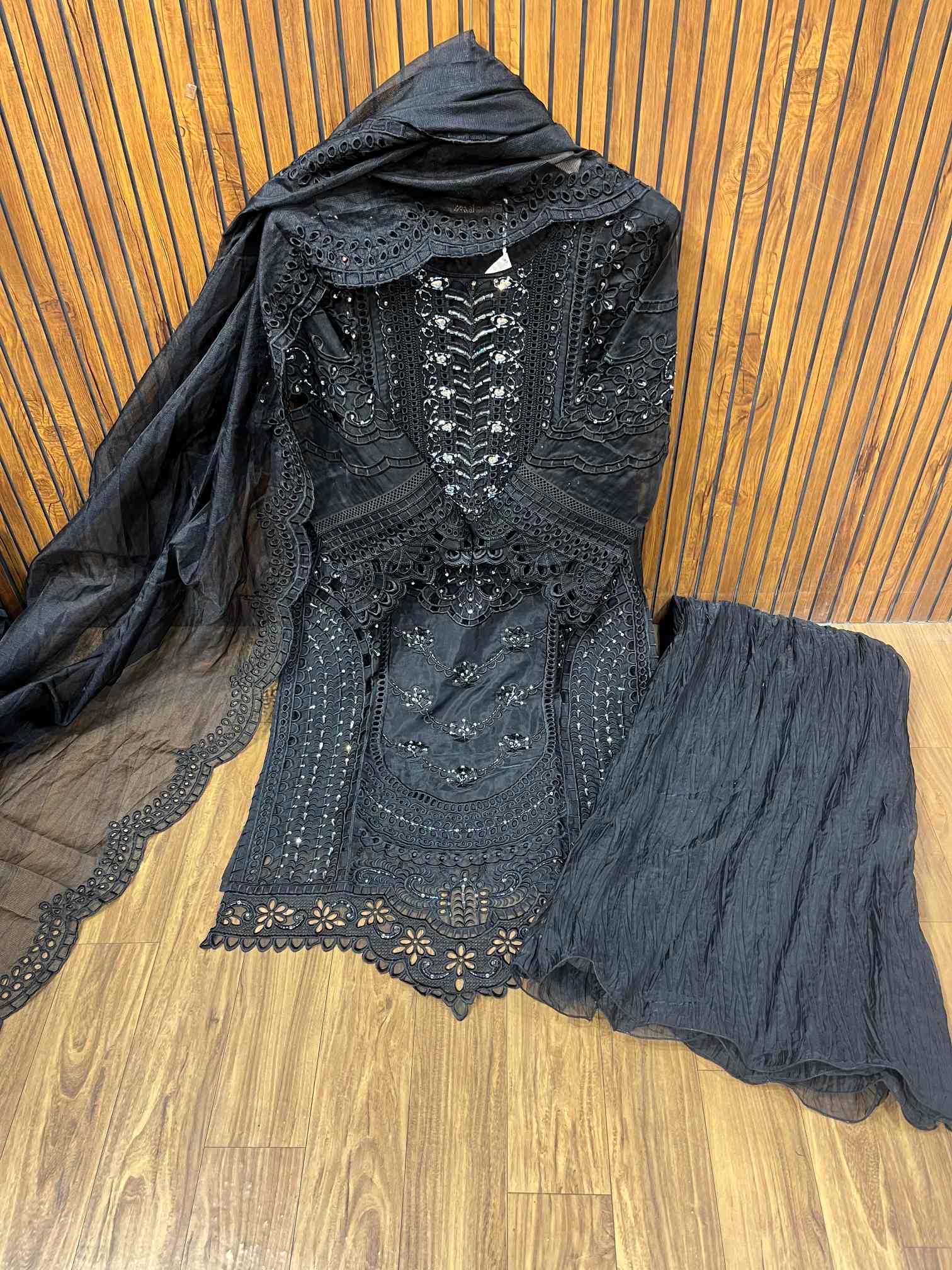 Black Heavy Embroidered Luxury Party Wear Suit with Crushed Dupatta