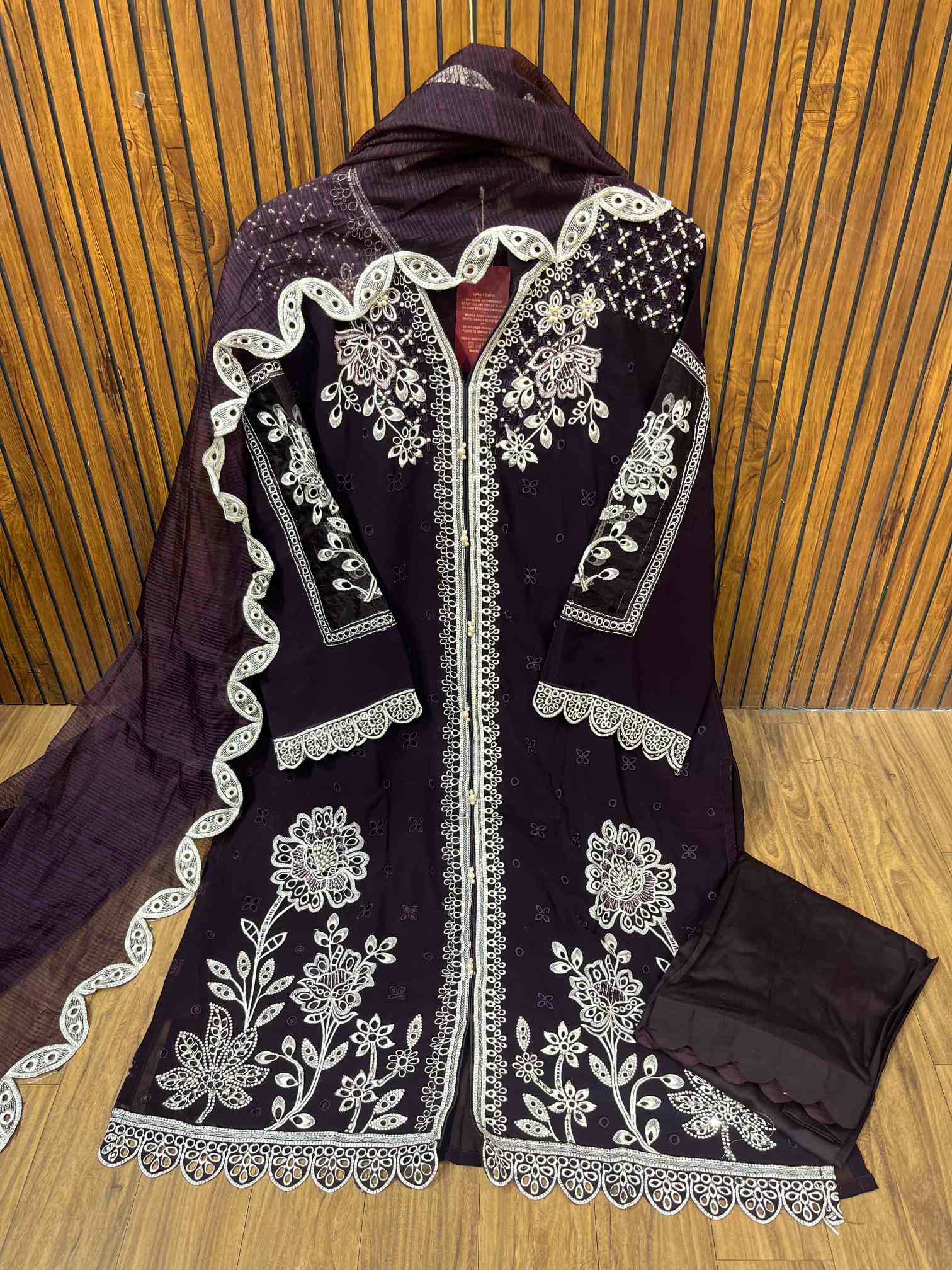 Deep Plum Embroidered Designer Suit with Cutwork Dupatta