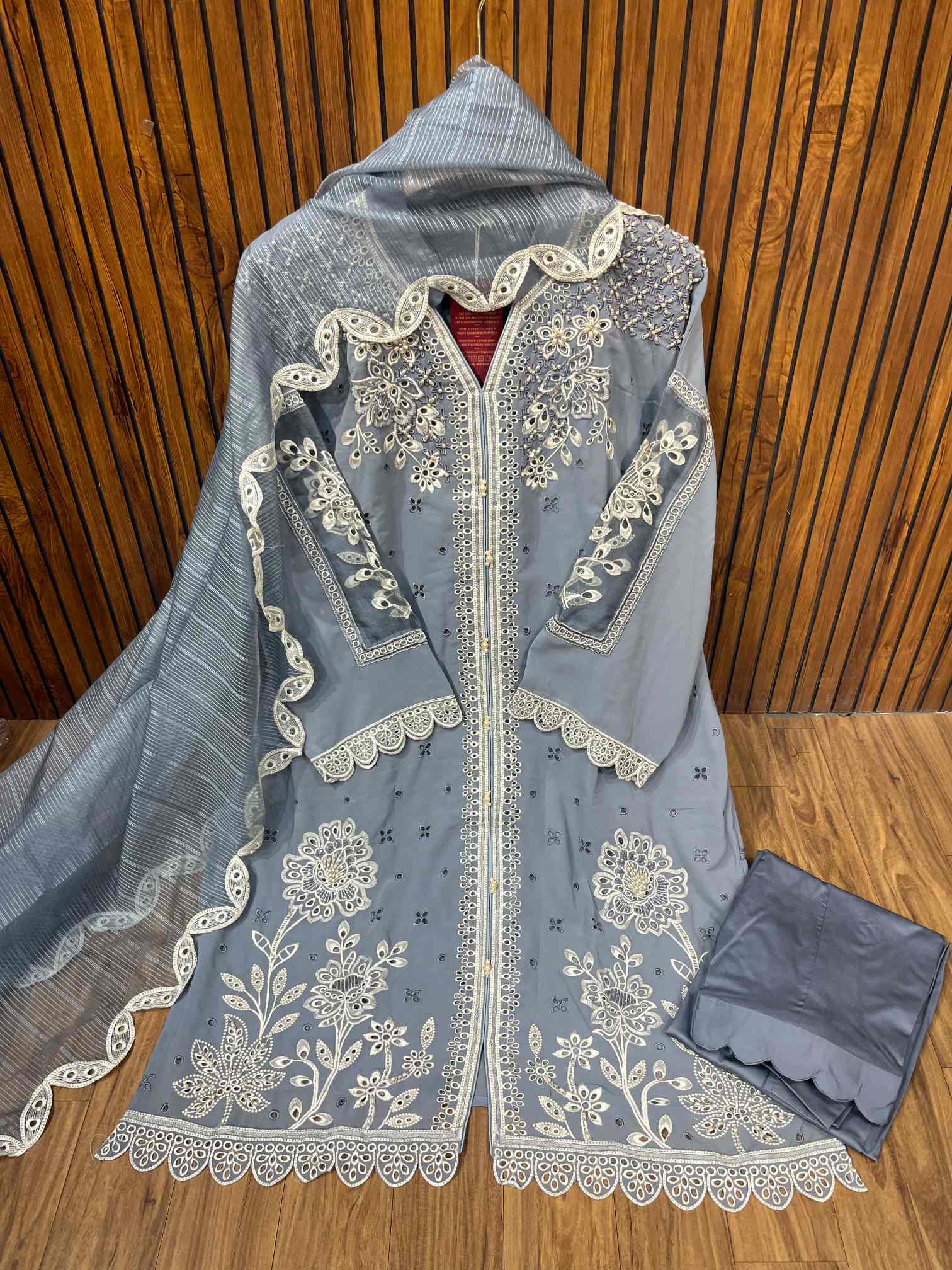 Steel Grey Embroidered Designer Suit with Pearl Work Dupatta