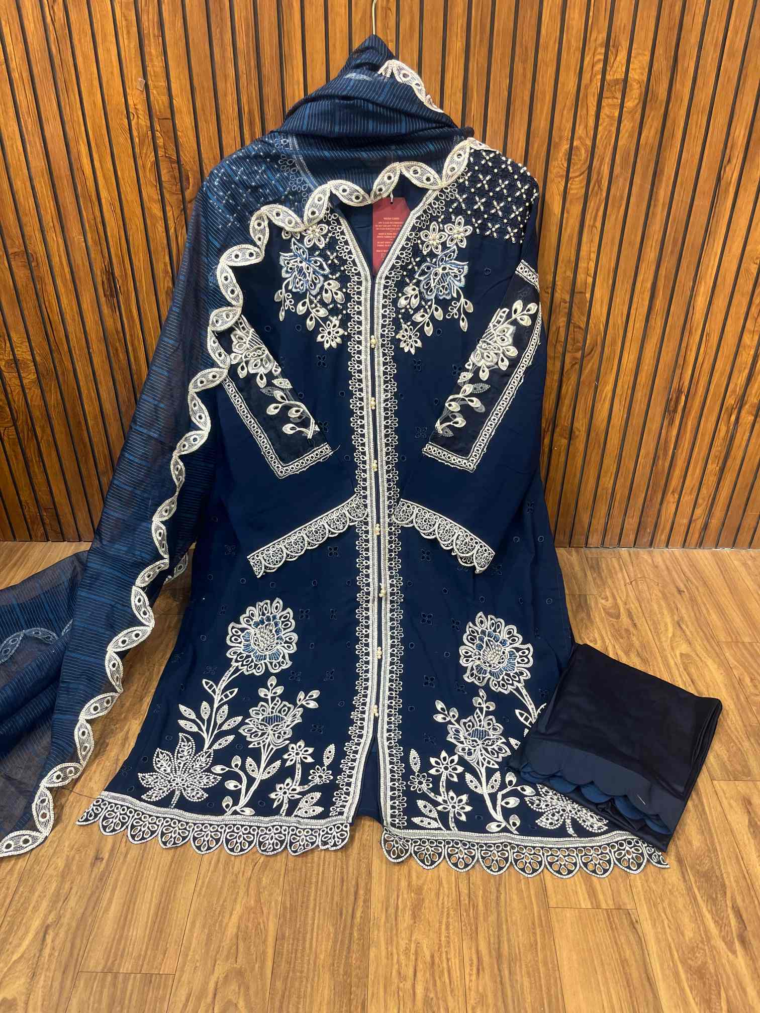 Royal Navy Blue Embroidered Designer Suit with Pearl Work Dupatta