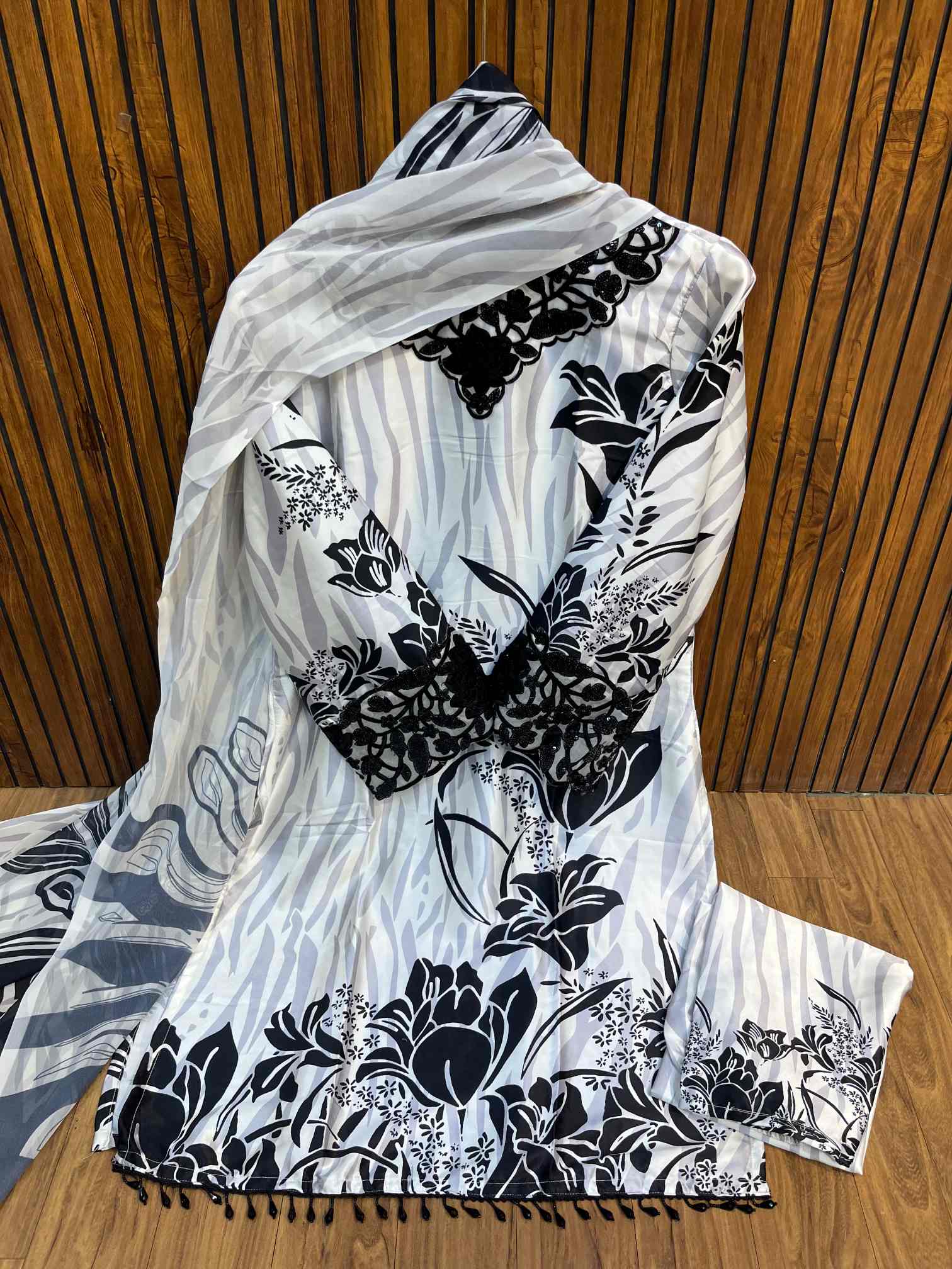 Elegant silver & Black Floral Printed Suit with Premium Embroidered Lace