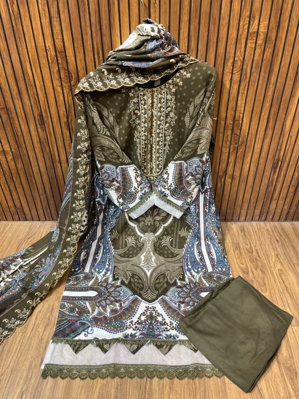 Rich olive green shade with elegant digital paisley and floral print