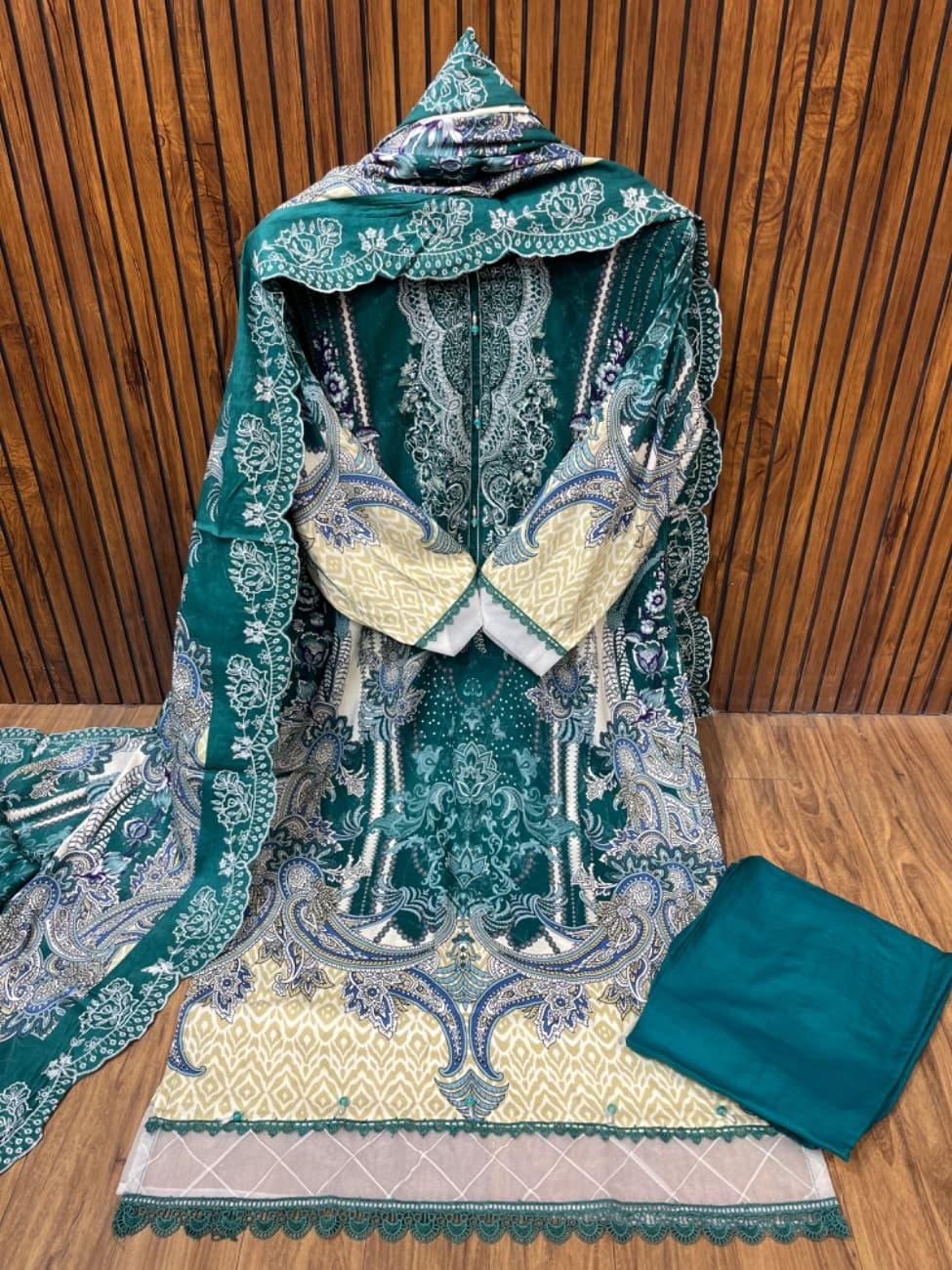 teal green  shade with elegant digital paisley and floral print all over