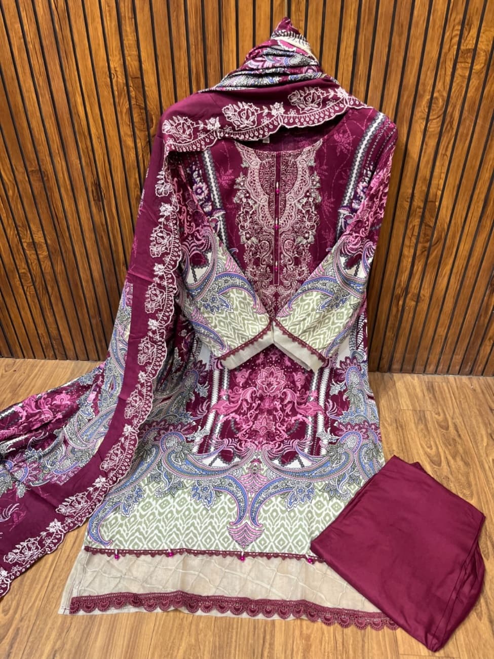 Deep maroon  shade with elegant digital paisley and floral print all over