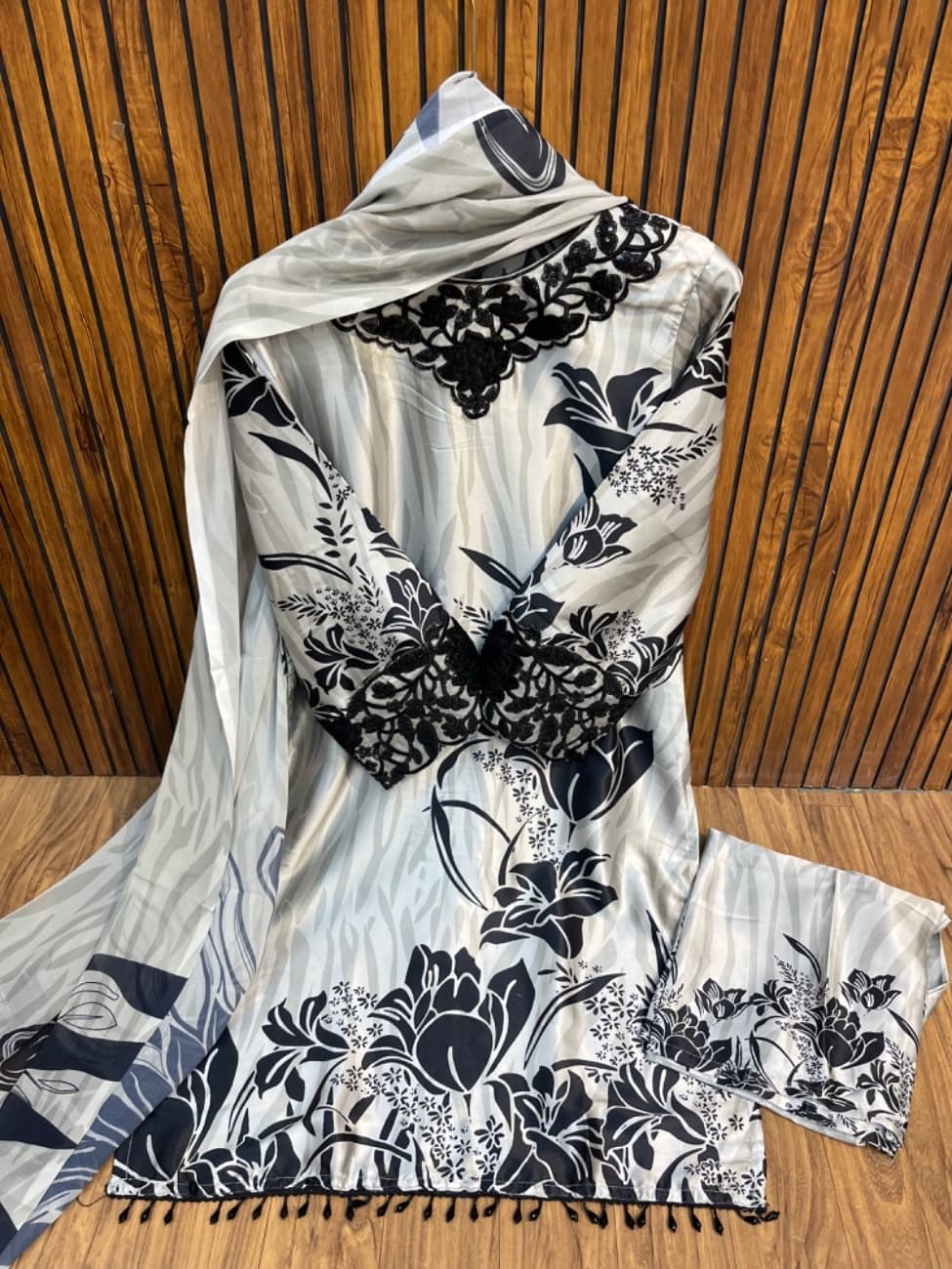 Elegant Light brown black floral printed suit with premium embroidered lace