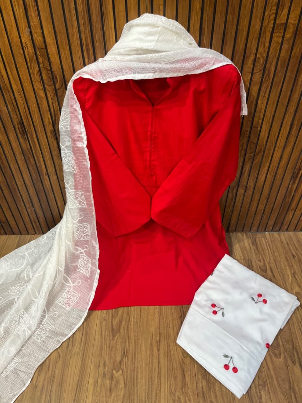 Crimson Red three-piece traditional ethnic suit consisting of a solid Kurta Dupatta