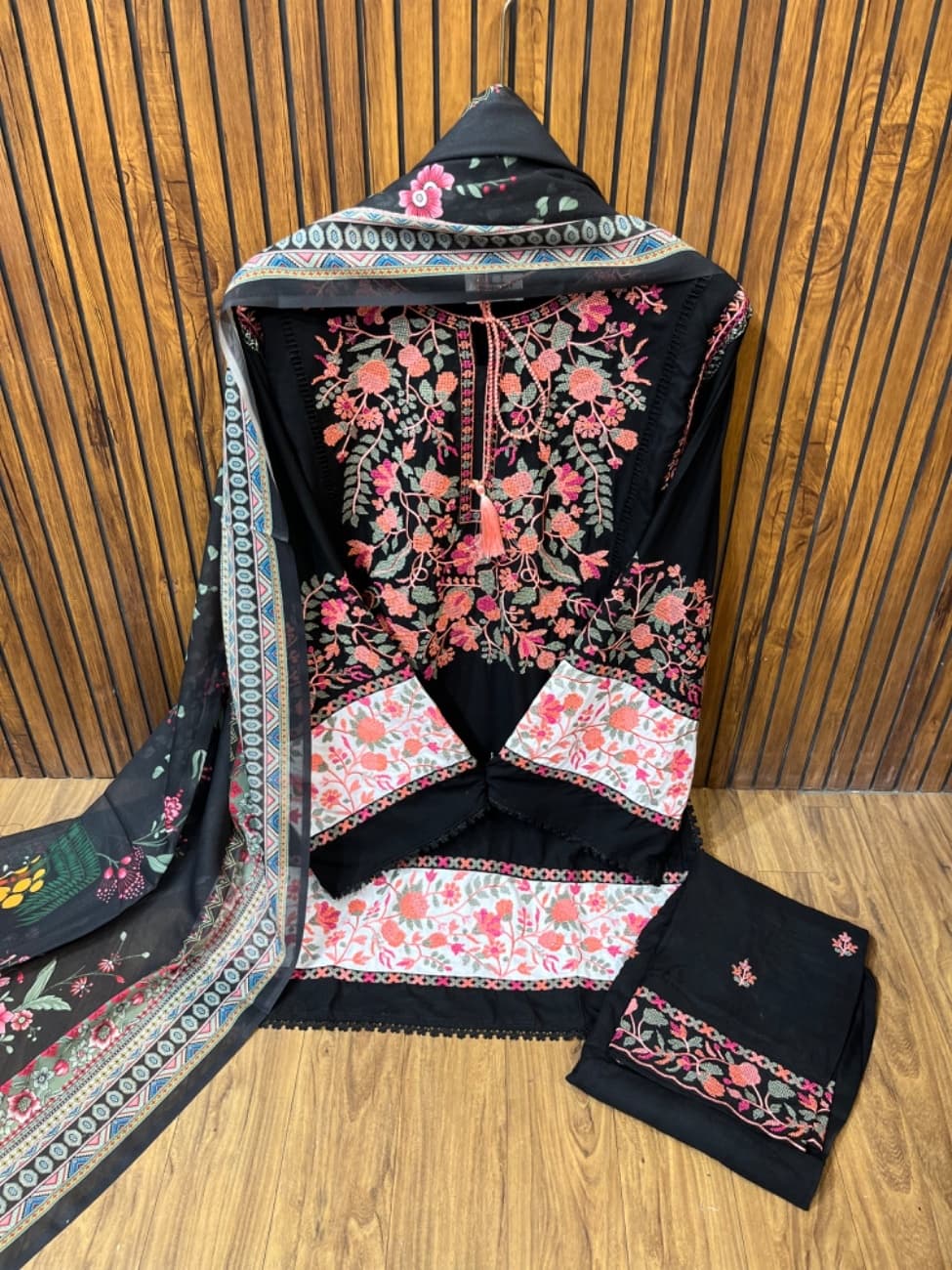 Elegant Black rayon suit set featuring intricate Kashmiri embroidery work in vibrant floral patterns