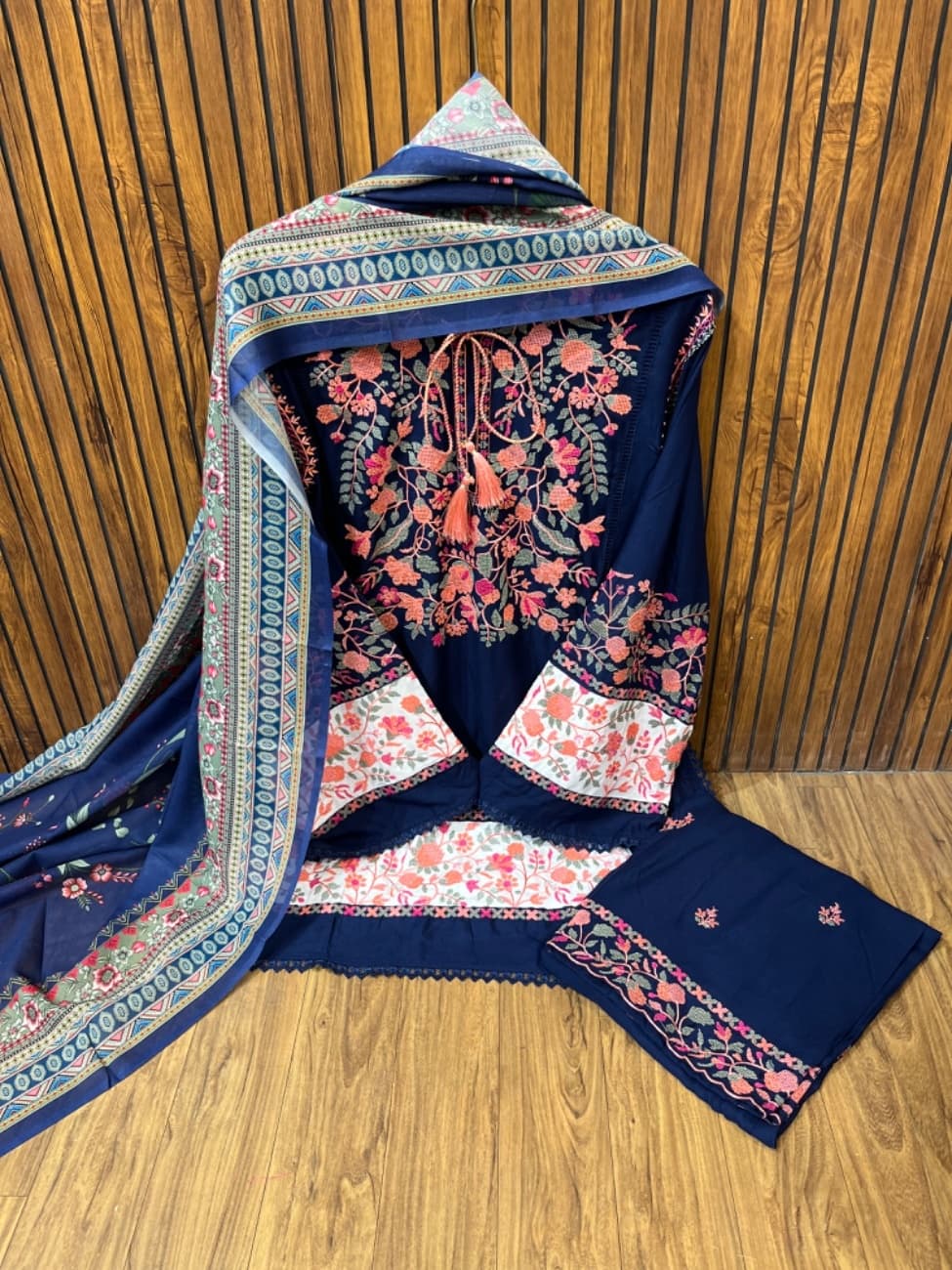 Elegant navi blue rayon suit set featuring intricate Kashmiri embroidery work in vibrant floral patterns