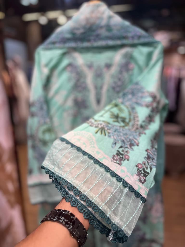 Mint Green Floral Embroidered Premium Cotton Suit