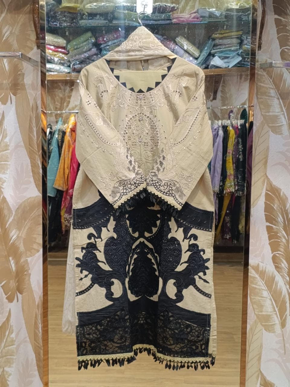 Beige & Black Embroidered Kurti with Lace Hem Detailing