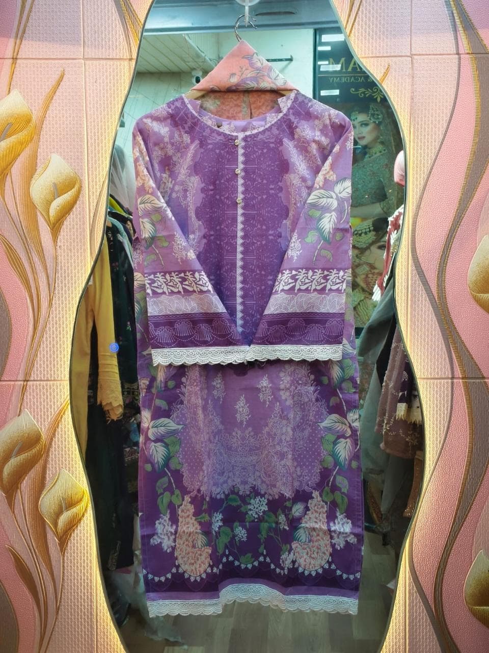 Beige & Black Embroidered Kurti with Lace Hem Detailing