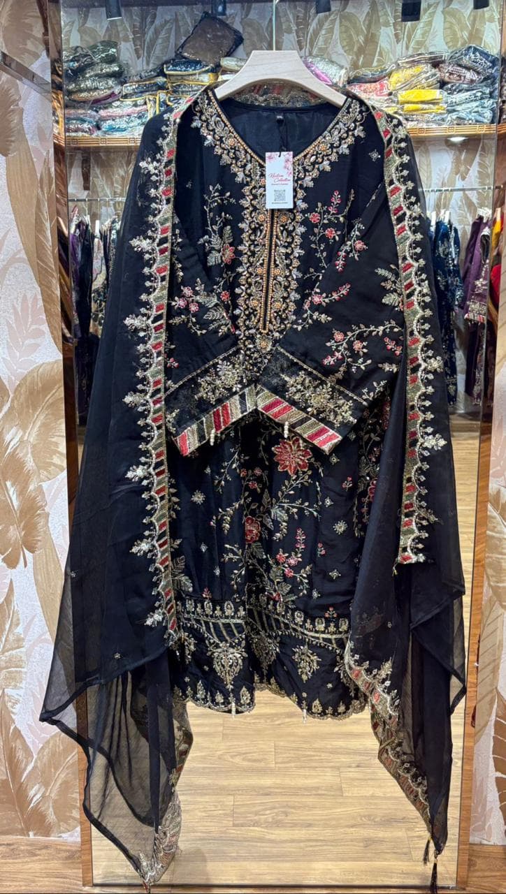 Black Heavy Embroidered Kurti with Matching Dupatta
