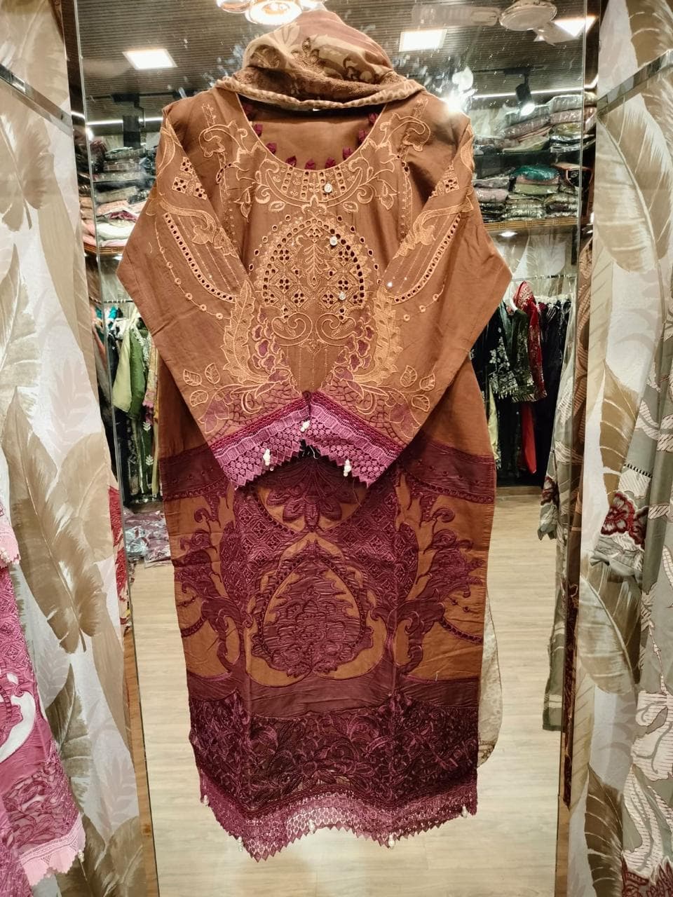 Coffee Brown & Maroon Embroidered Kurti with Lace Hem Detailing