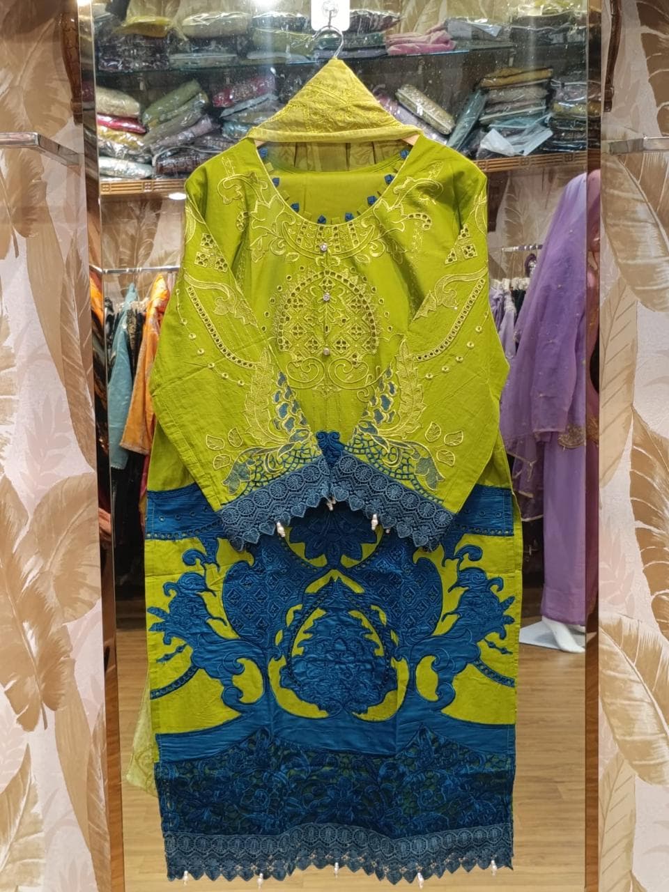 Lime Green & Teal Blue Embroidered Kurti with Contrast Lace Detailing