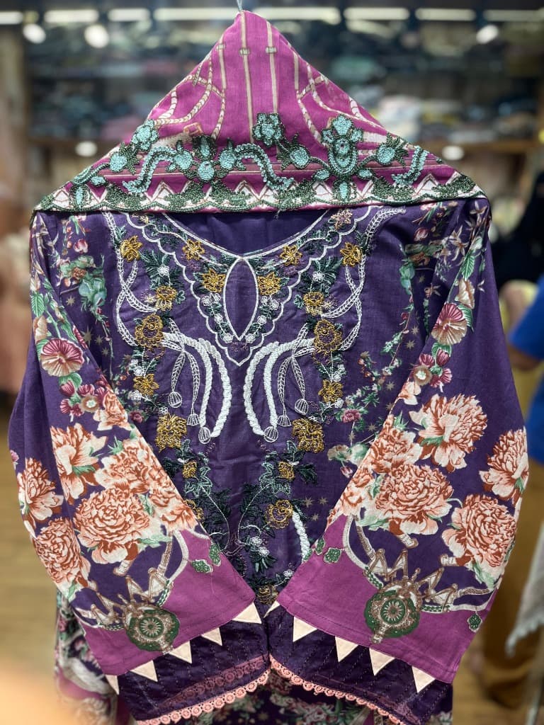Royal Purple Floral Embroidered Premium Cotton Suit
